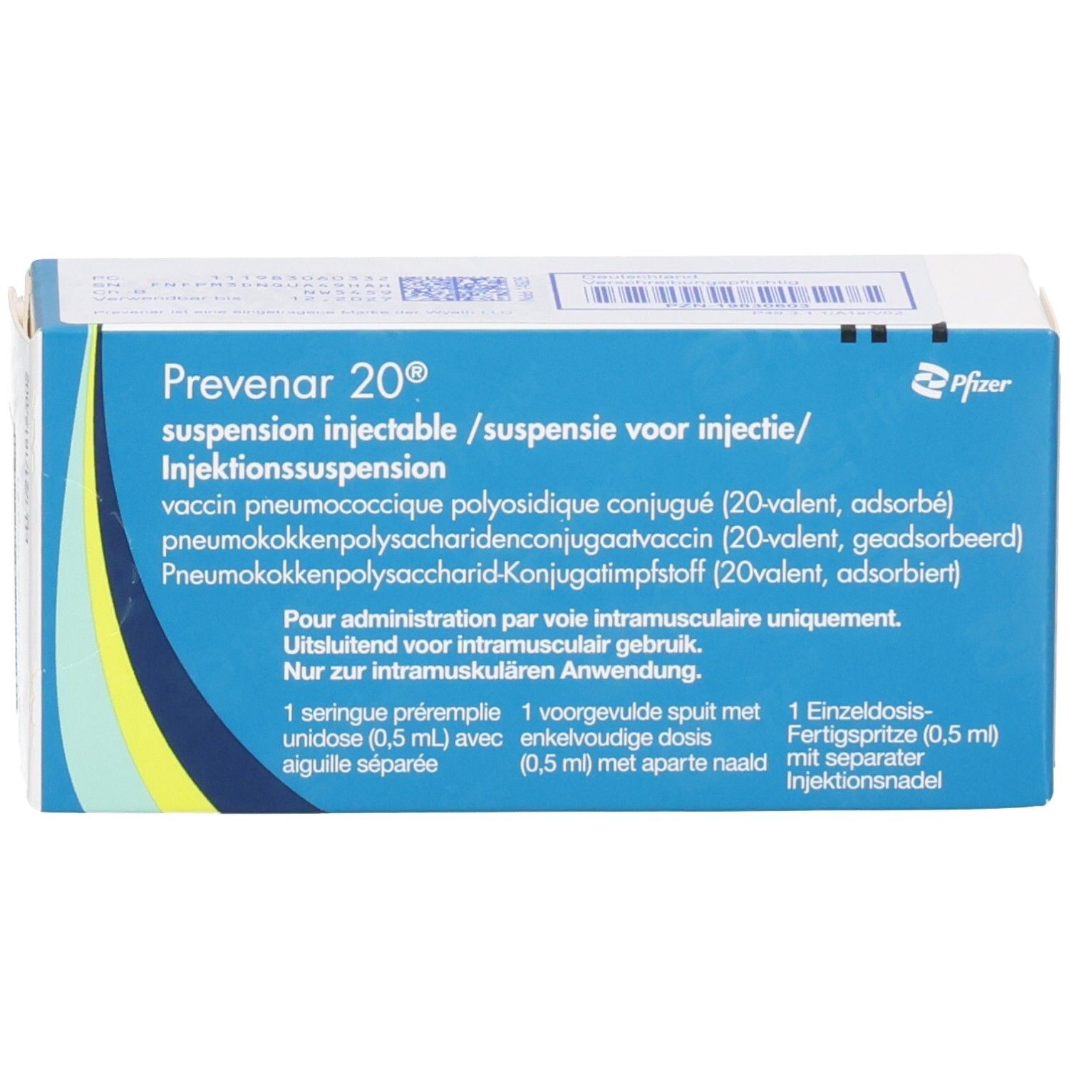 Prevenar 20 Injektionssuspension: Fertigspritze (0,5 ml) mit separater Injektionsnadel.