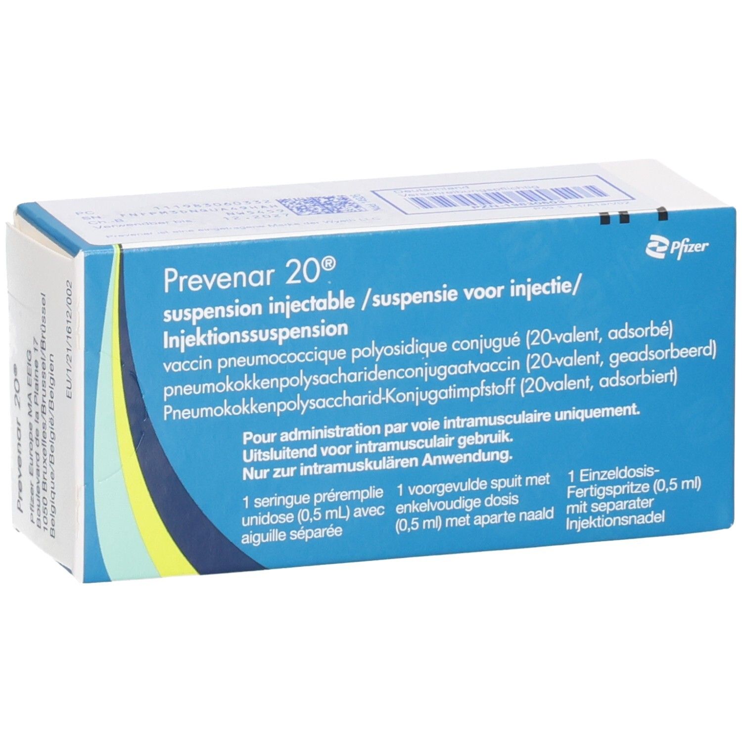 Prevenar 20 Injektionssuspension: Fertigspritze (0,5 ml) mit separater Injektionsnadel. Pfizer.