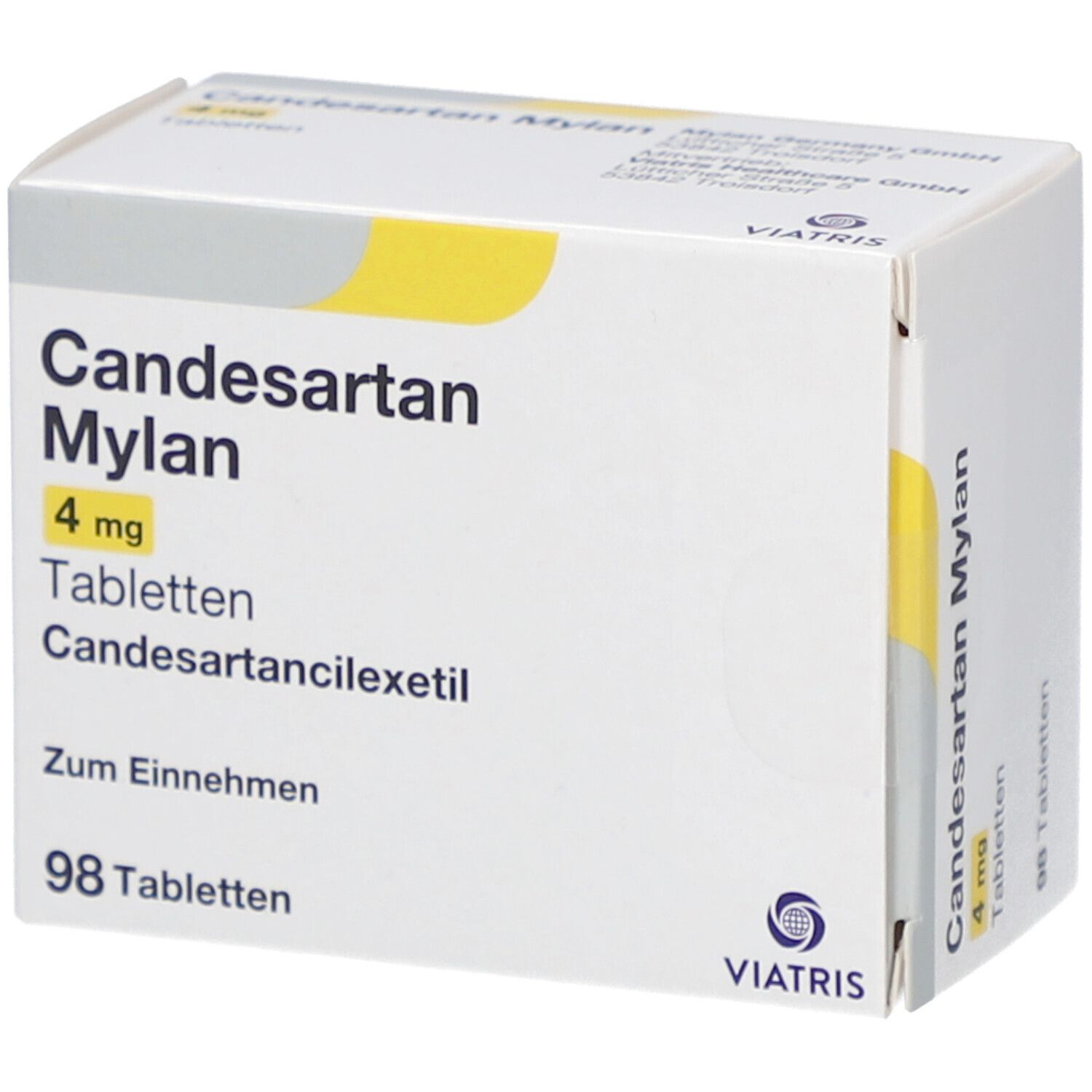Candesartan Mylan 4 mg Tabletten-Packung. Enthält 98 Tabletten. Viatris-Logo.
