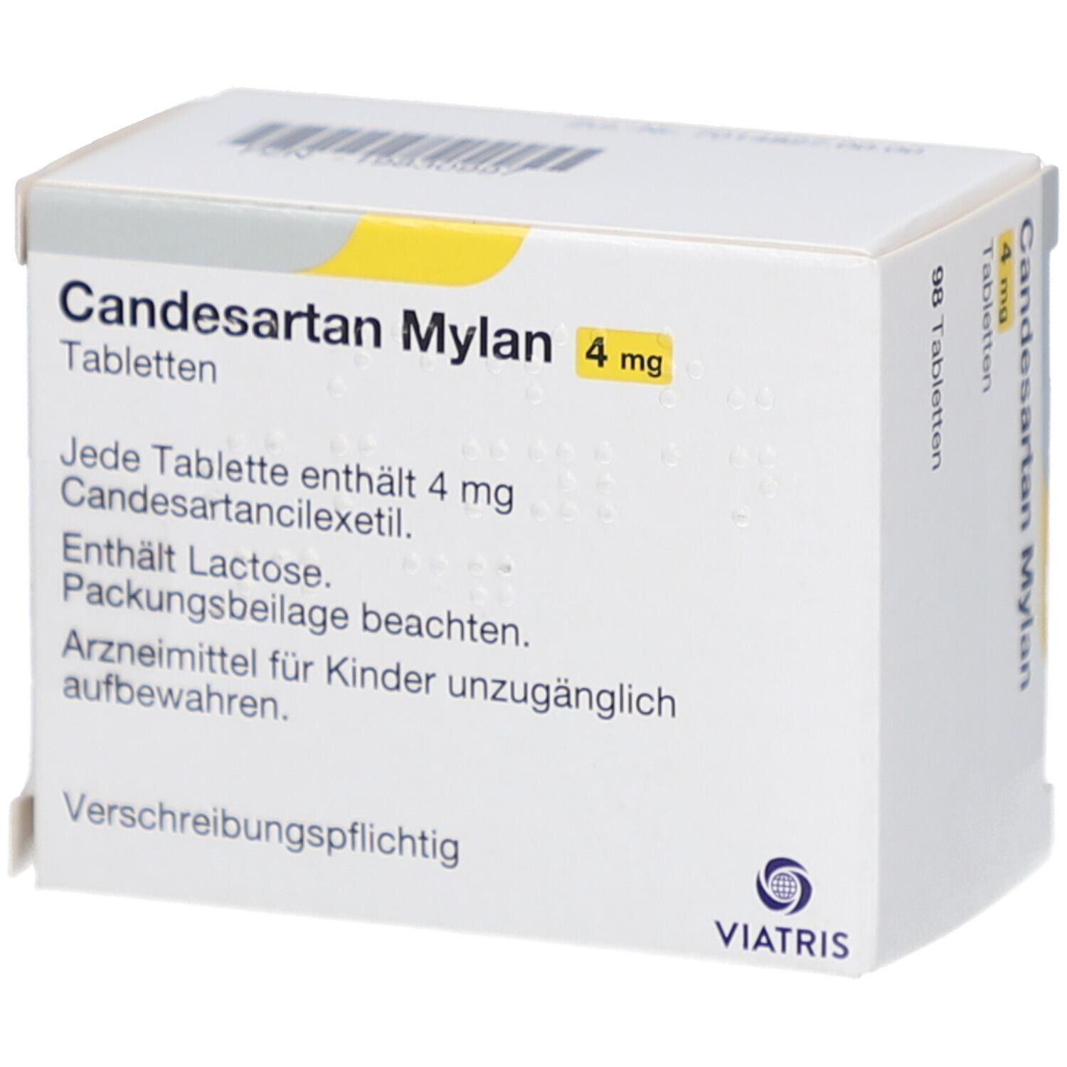 Candesartan Mylan 4 mg Tabletten-Packung. Text: Jede Tablette enthält 4 mg Candesartancilexetil.