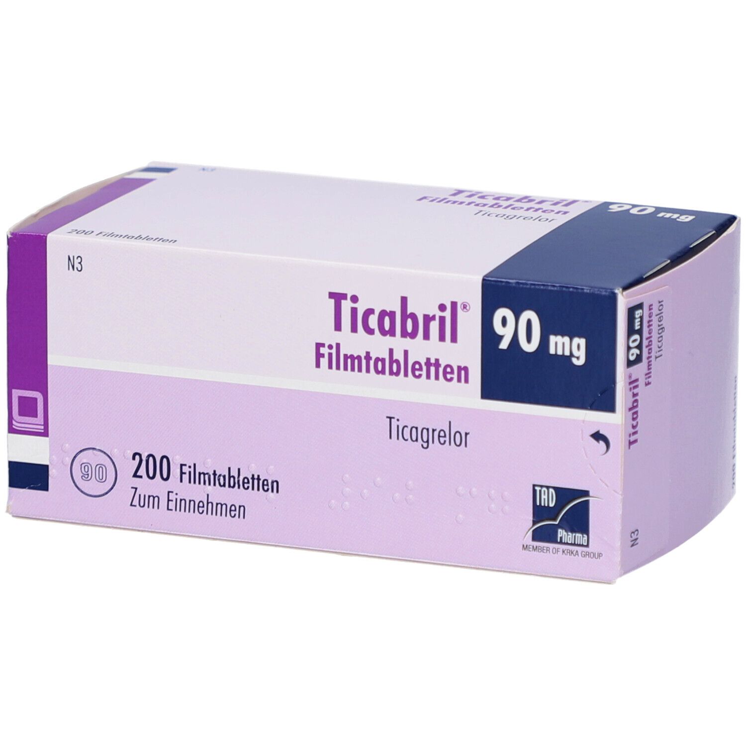 Schachtel mit "Ticabril 90 mg Filmtabletten". Violett-weißes Design. 200 Filmtabletten. TRD Pharma Logo.