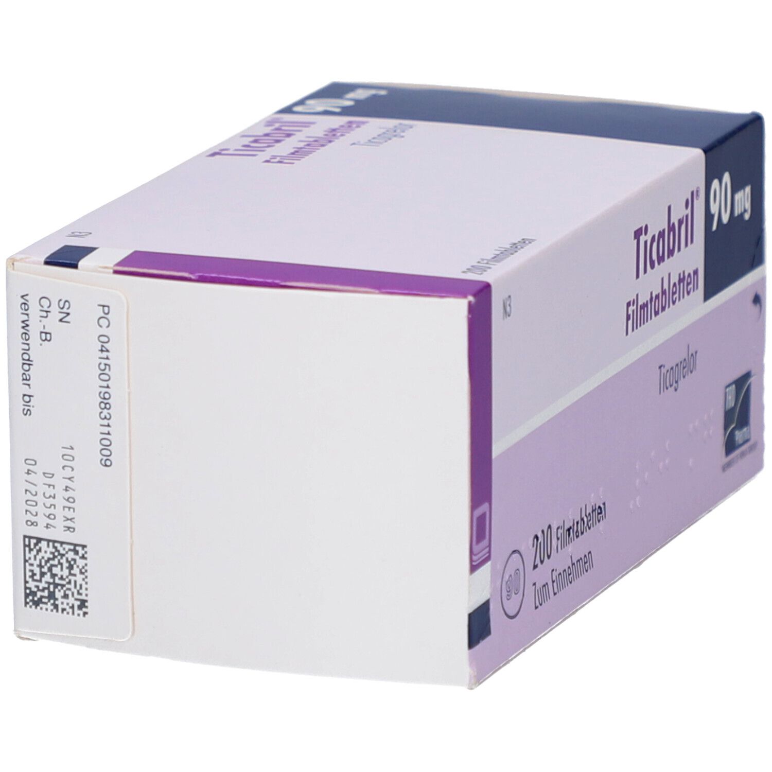 Seitenansicht der Medikamentenbox "Ticabril 90 mg Filmtabletten". Weiße Box mit violetten Akzenten. Text und Barcode.