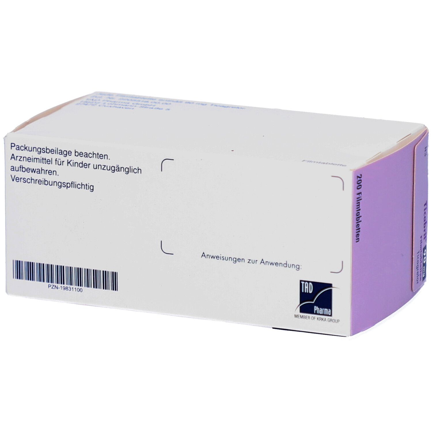 Rückseite der Medikamentenbox "Ticabril 90 mg Filmtabletten". Weiße Box mit Text und Barcode. Anweisungen.