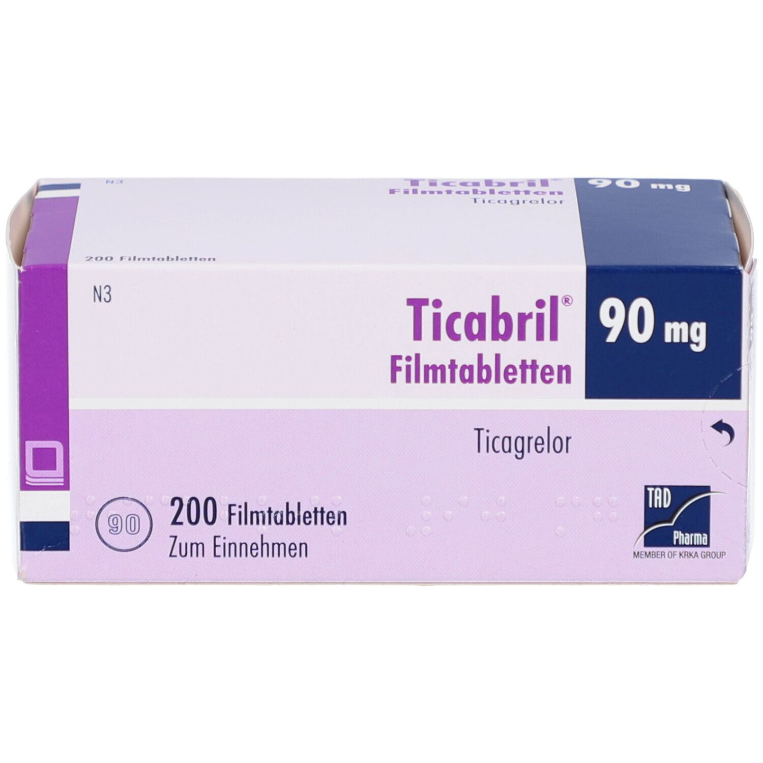 Medikamentenbox "Ticabril 90 mg Filmtabletten". Violett-weißes Design. 200 Filmtabletten. TRD Pharma Logo.
