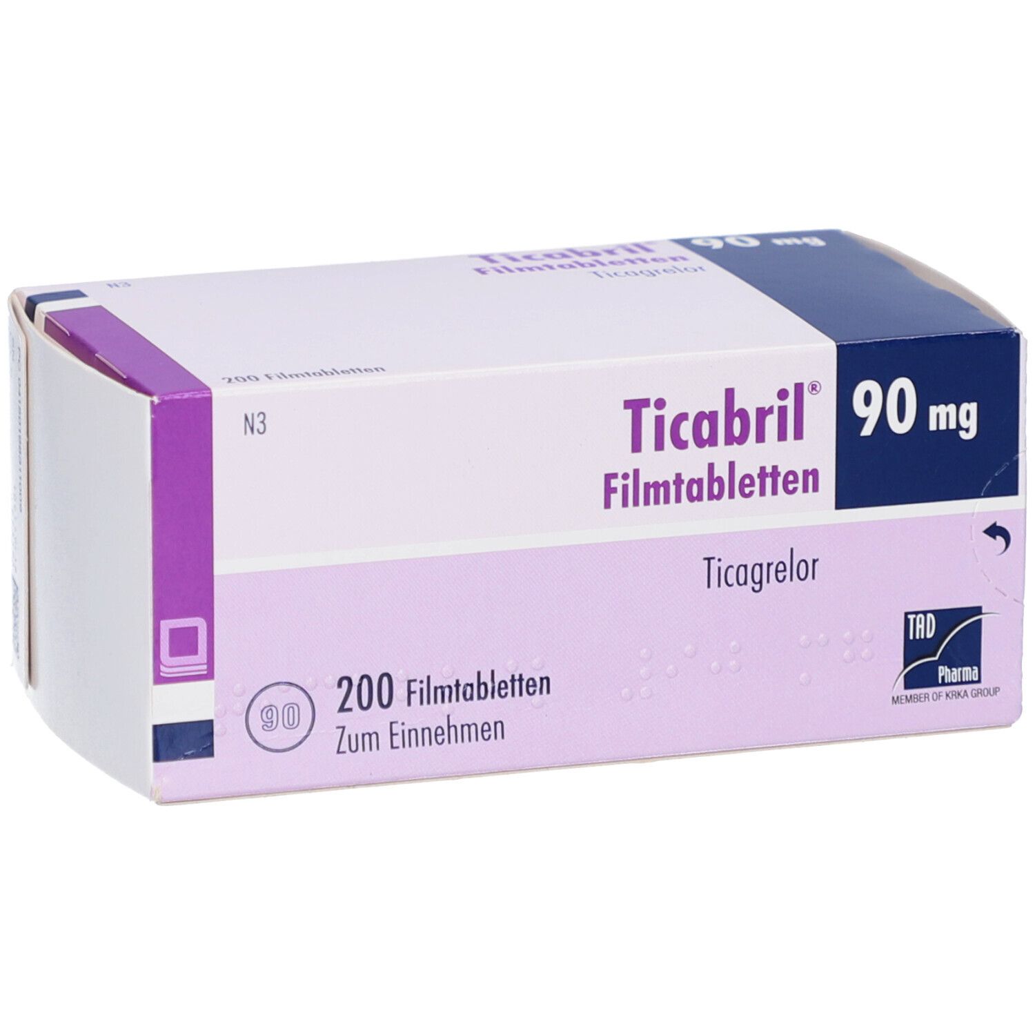 Medikamentenbox "Ticabril 90 mg Filmtabletten". Violett-weißes Design. 200 Filmtabletten. TRD Pharma Logo.