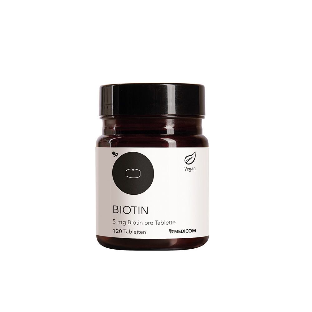 Braune Glasflasche mit schwarzem Deckel. Aufschrift: Biotin, 5 mg Biotin pro Tablette, 120 Tabletten. Vegan-Siegel.