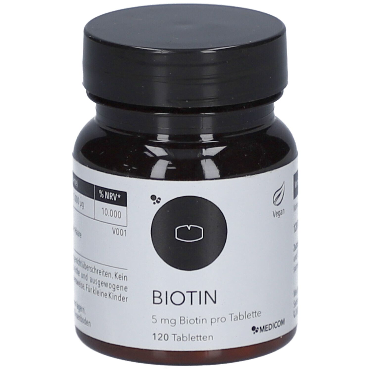 Braune Tablettenflasche mit schwarzem Deckel. Aufschrift: BIOTIN 5 mg, 120 Tabletten. Logo: MEDICOM.