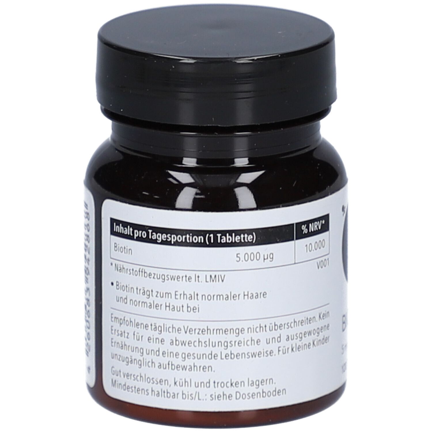 Braune Tablettenflasche mit schwarzem Deckel. Aufschrift: Biotin, 5.000 µg. Text über Inhaltsstoffe und Anwendung.