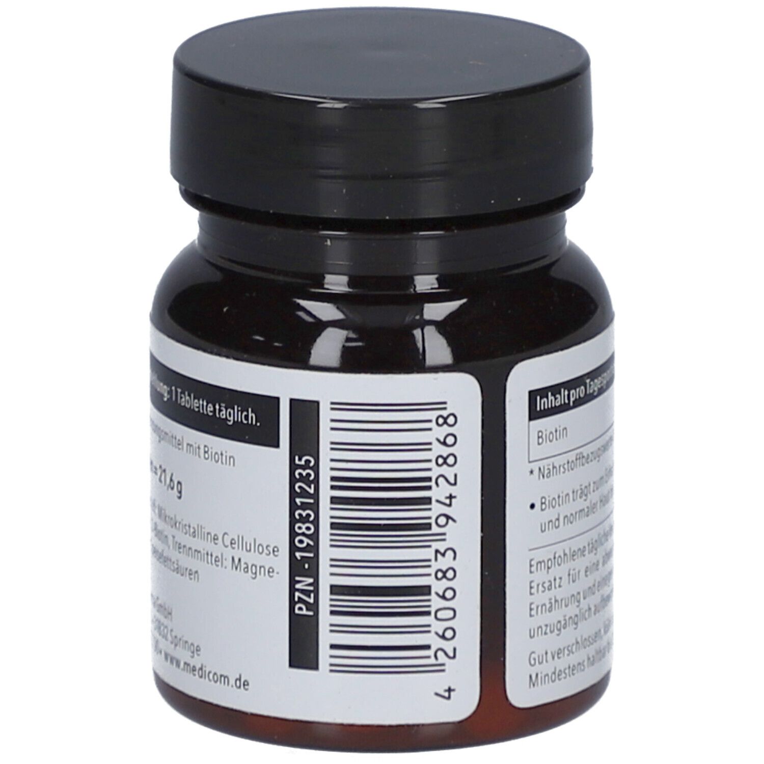 Braune Tablettenflasche mit schwarzem Deckel. Barcode und Text: PZN-19831235. Text über Inhaltsstoffe und Anwendung.