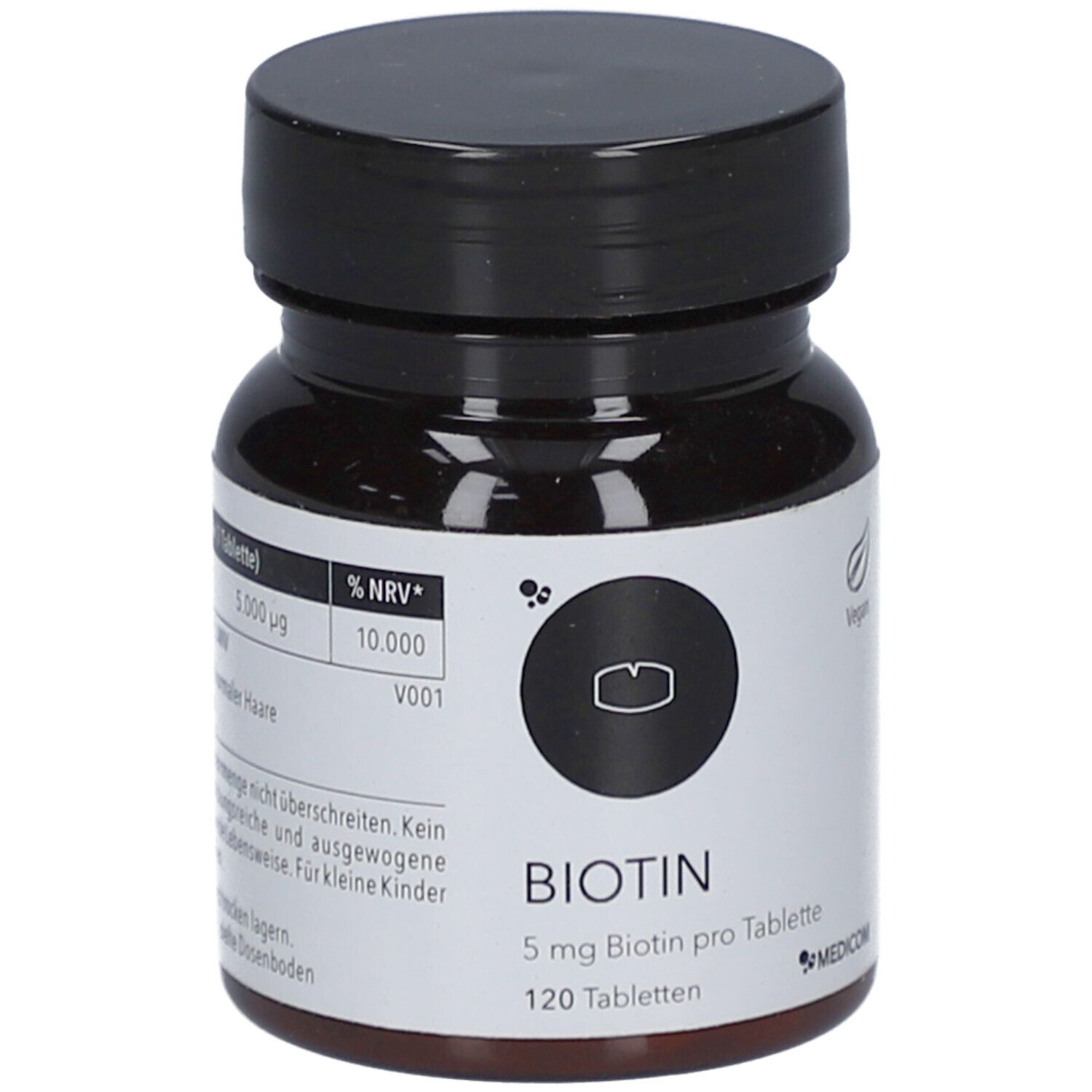 Braune Tablettenflasche mit schwarzem Deckel. Aufschrift: BIOTIN 5 mg, 120 Tabletten. Logo: MEDICOM.