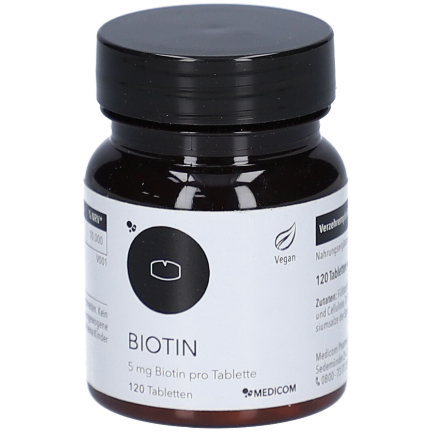Braune Tablettenflasche mit schwarzem Deckel. Aufschrift: BIOTIN 5 mg, 120 Tabletten. Logo: MEDICOM. Vegan-Siegel.