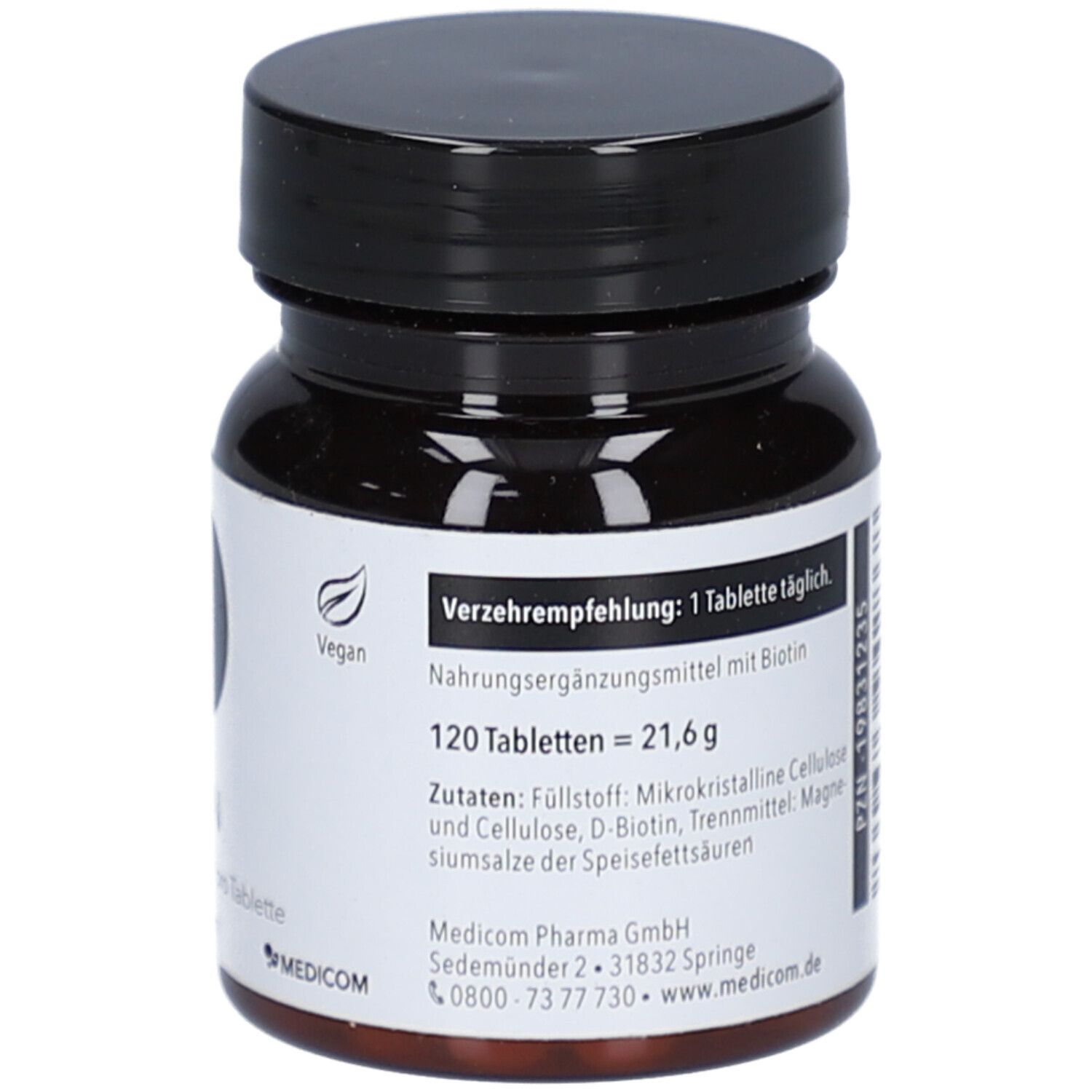 Braune Tablettenflasche mit schwarzem Deckel. Text: 120 Tabletten = 21,6 g. Vegan-Siegel. Logo: MEDICOM.