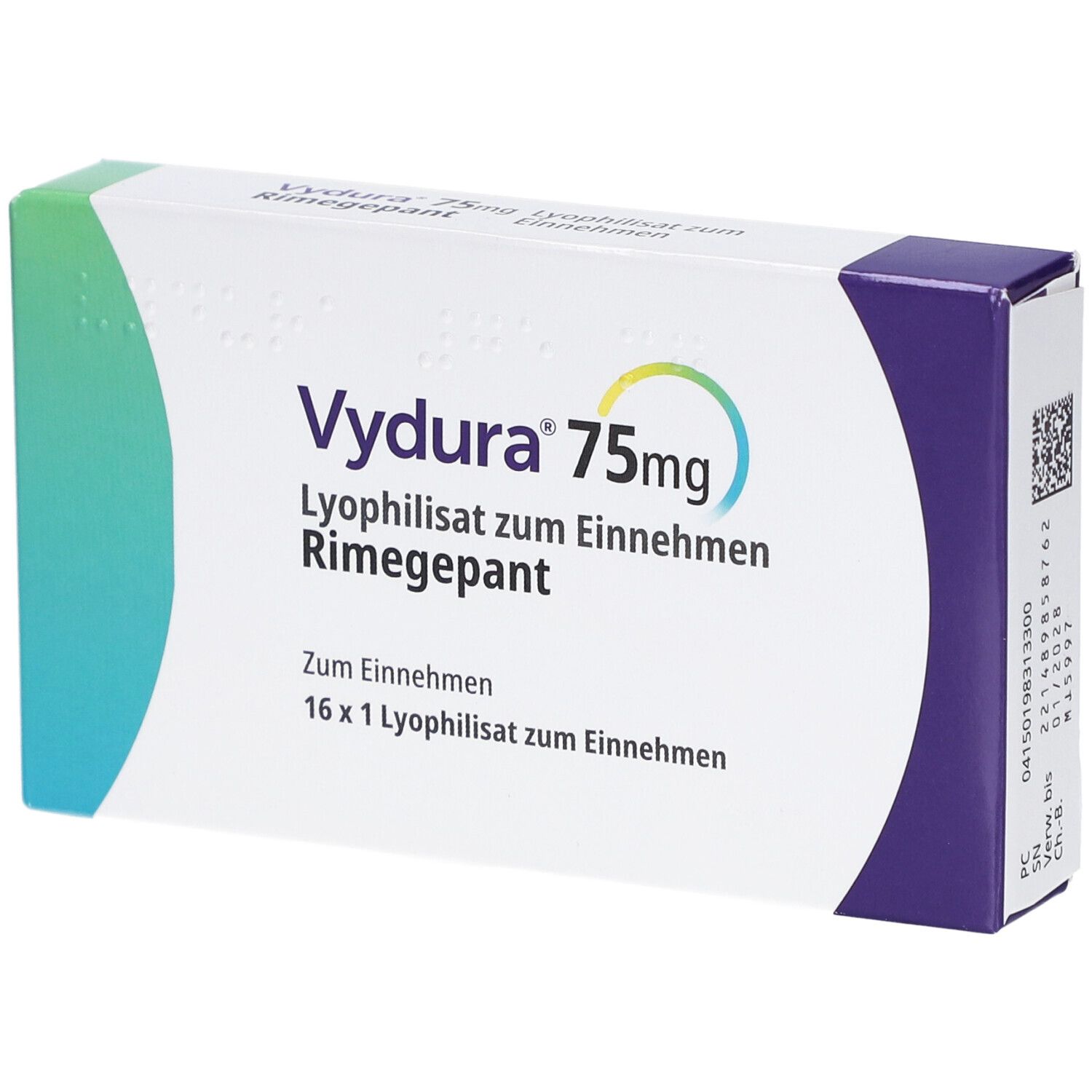 Schachtel mit Vydura 75mg. Aufschrift: Lyophilisat zum Einnehmen, Rimegepant. 16 x 1 Lyophilisat zum Einnehmen.