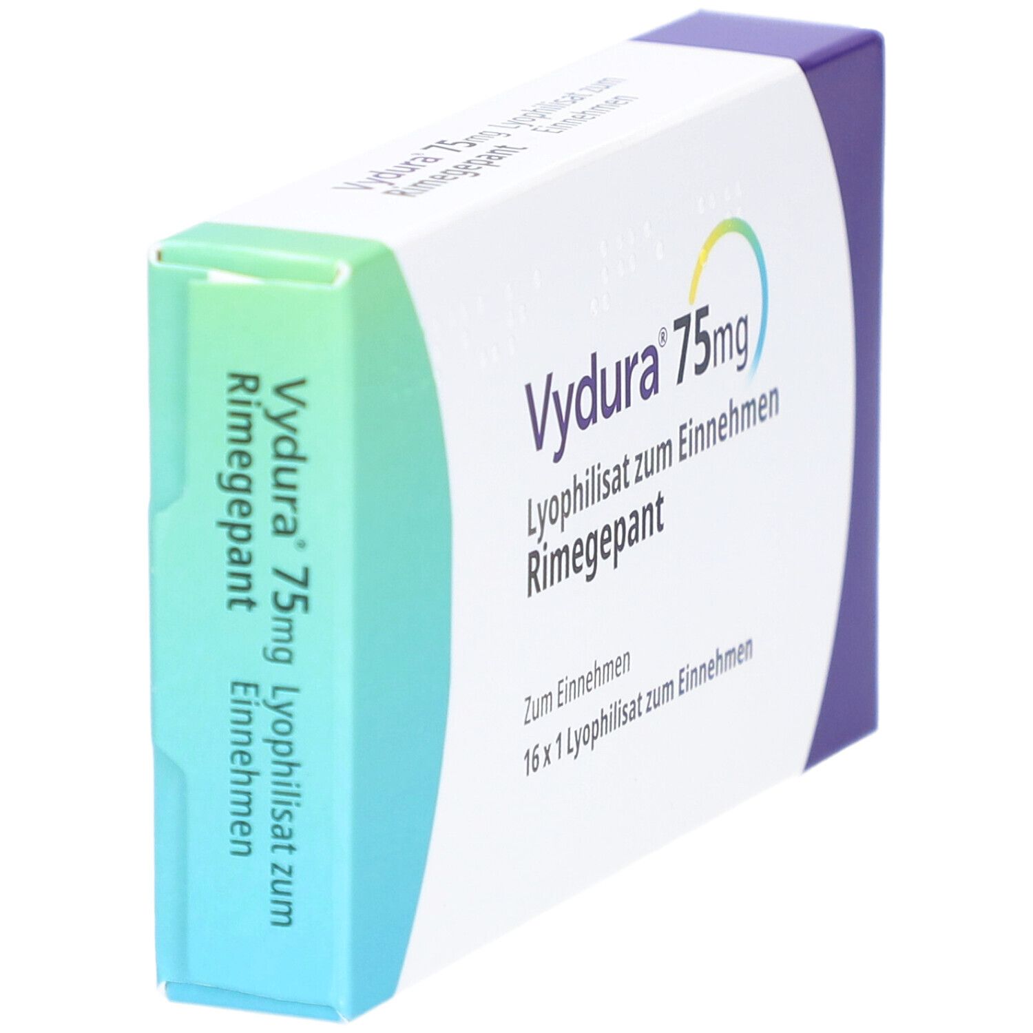 Schachtel Vydura 75mg, Lyophilisat zum Einnehmen, Rimegepant. Teilansicht. Farbverlauf von blau nach grün.
