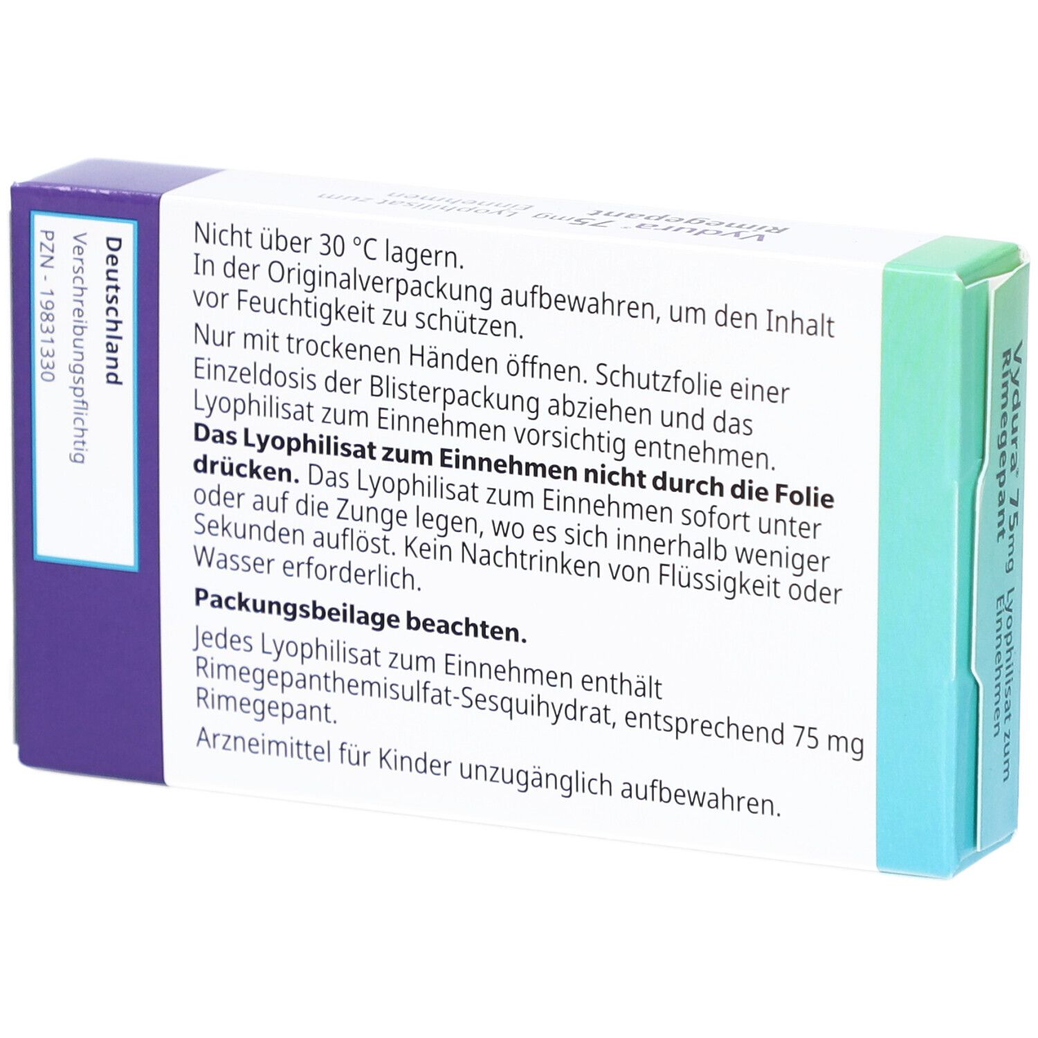 Rückseite der Vydura 75mg Schachtel. Text: Nicht über 30°C lagern. Packungsbeilage beachten. Enthält Rimegepant.