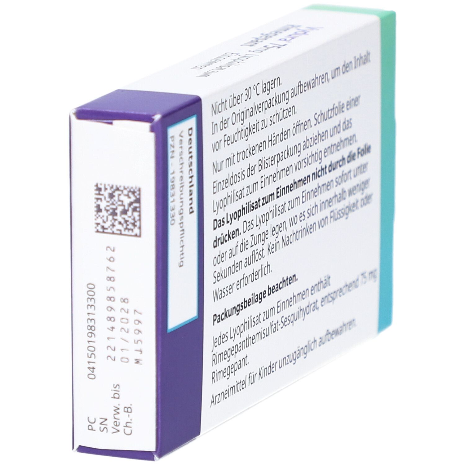 Rückseite der Vydura 75mg Schachtel. Text: Nicht über 30°C lagern. Packungsbeilage beachten. Enthält Rimegepant.