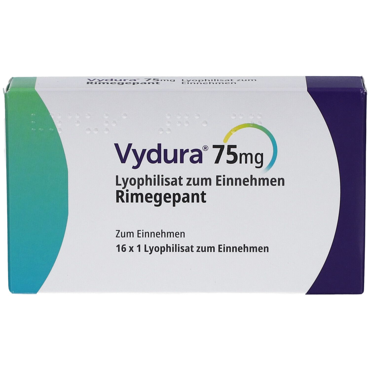 Vydura 75mg Schachtel. Aufschrift: Lyophilisat zum Einnehmen, Rimegepant. 16 x 1 Lyophilisat zum Einnehmen.