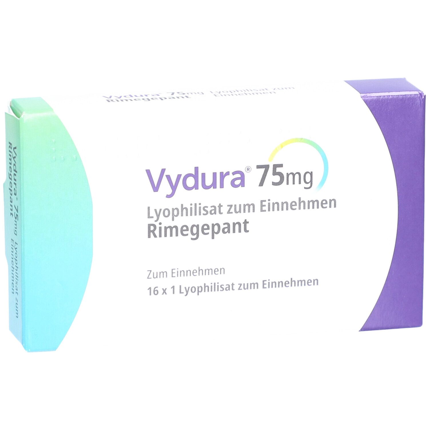 Vydura 75mg Schachtel. Aufschrift: Lyophilisat zum Einnehmen, Rimegepant. 16 x 1 Lyophilisat zum Einnehmen.