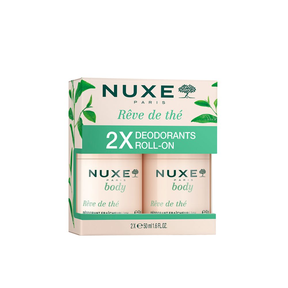 Duo de déodorants NUXE Rêve de thé. Deux roll-on dans un coffret. Design vert et blanc avec le nom du produit.