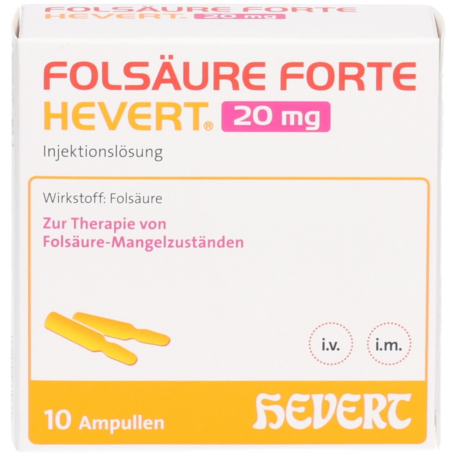 FOLSÄURE FORTE HEVERT Ampullenkarton mit 10 Ampullen, 20 mg Folsäure. Injektionslösung.