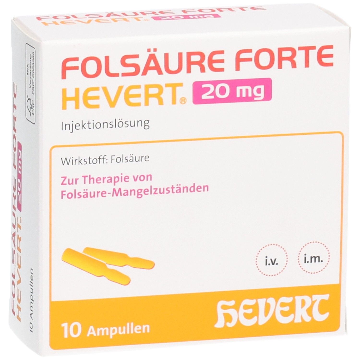 FOLSÄURE FORTE HEVERT Ampullenkarton mit 10 Ampullen, 20 mg Folsäure. Injektionslösung.