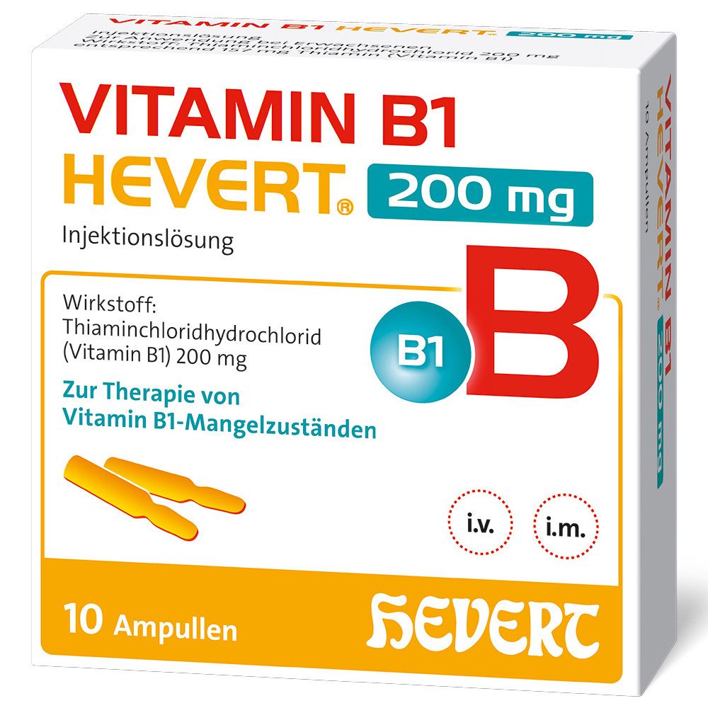 Schachtel Vitamin B1 HEVERT 200 mg. Enthält 10 Ampullen. Aufdrucke: Vitamin B1, HEVERT, 200 mg, Injektionslösung, B1, i.v., i.m.