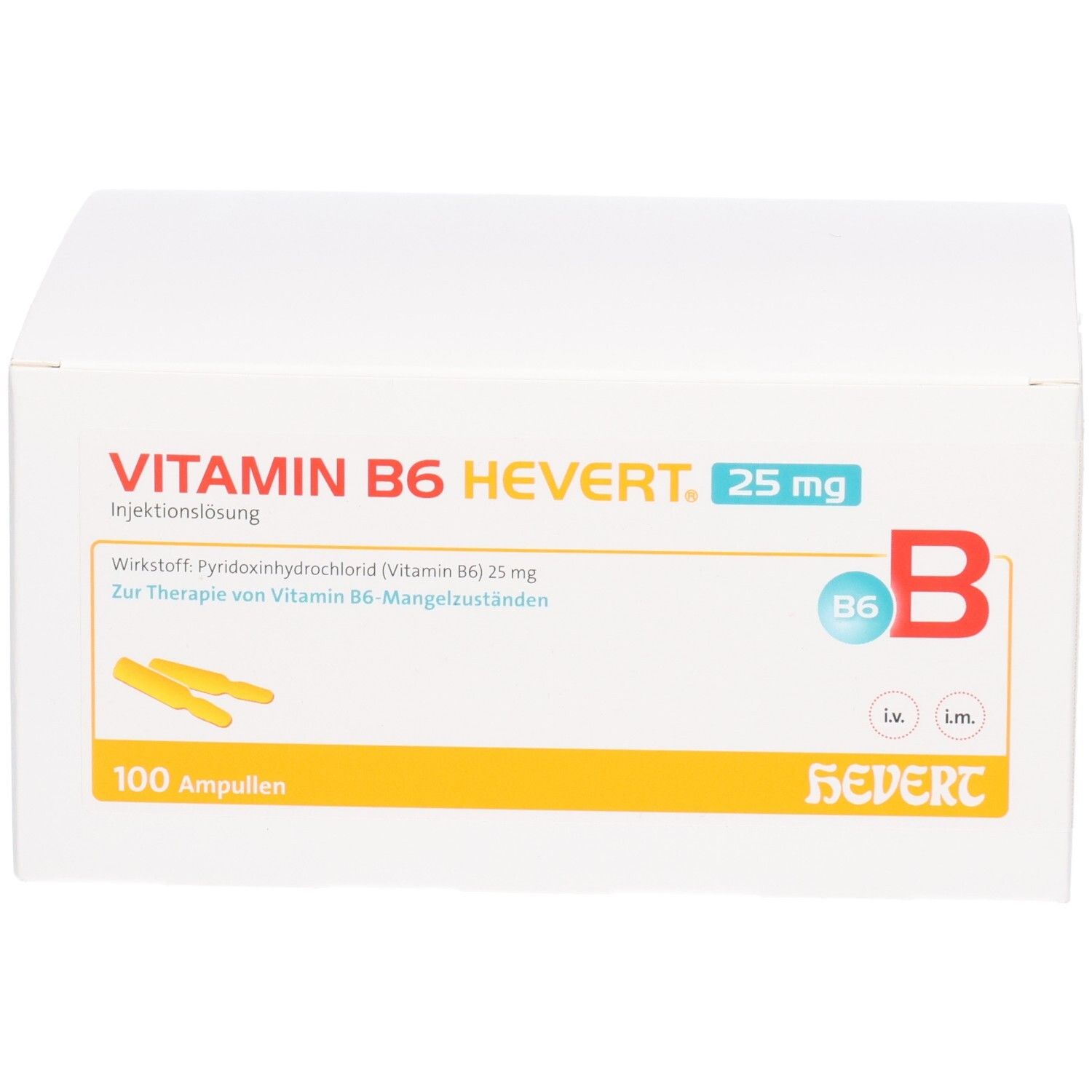 Packung VITAMIN B6 HEVERT 25 mg Injektionslösung, Vorderseite mit Ampullen-Symbol.