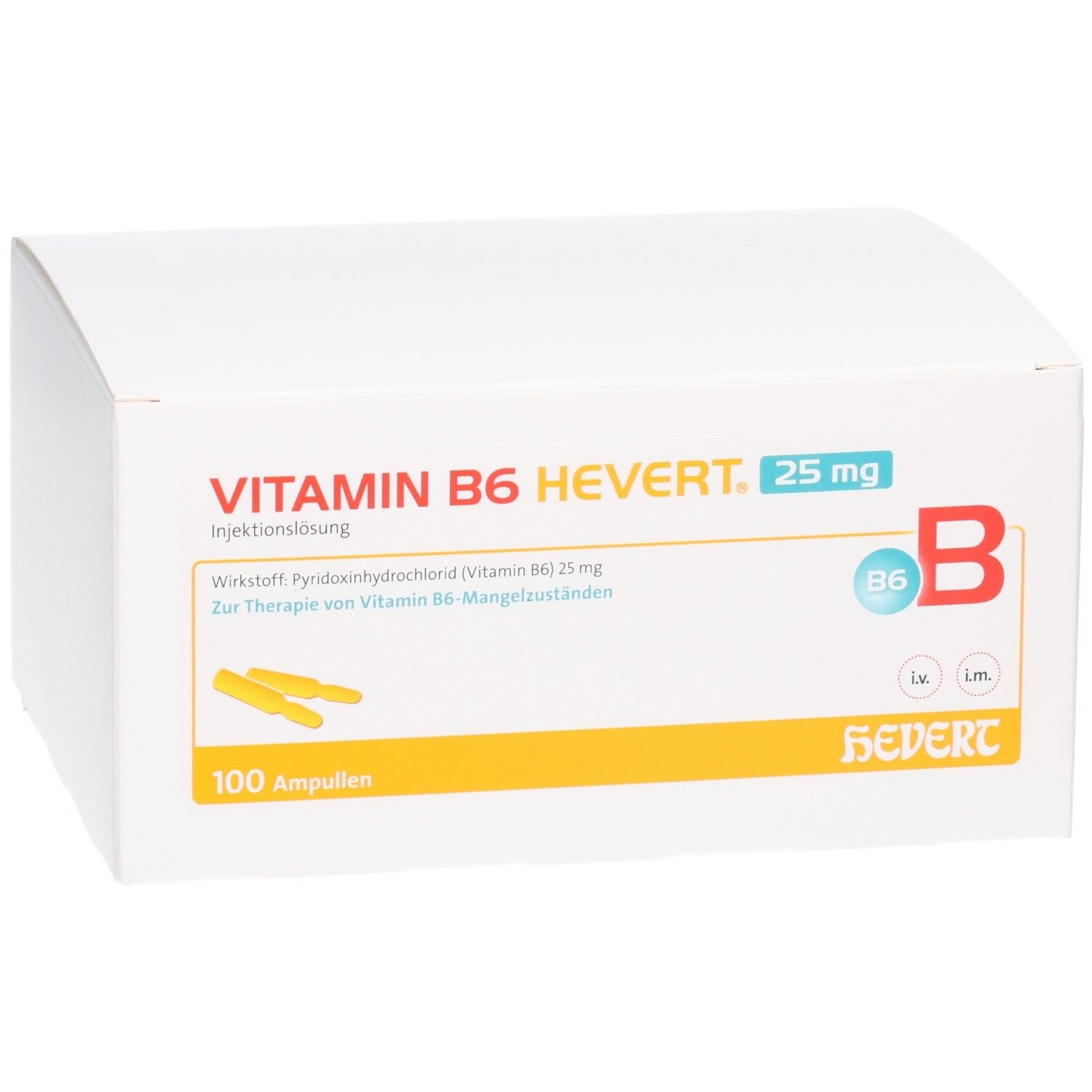 Packung VITAMIN B6 HEVERT 25 mg Injektionslösung, 100 Ampullen, HEVERT Logo.