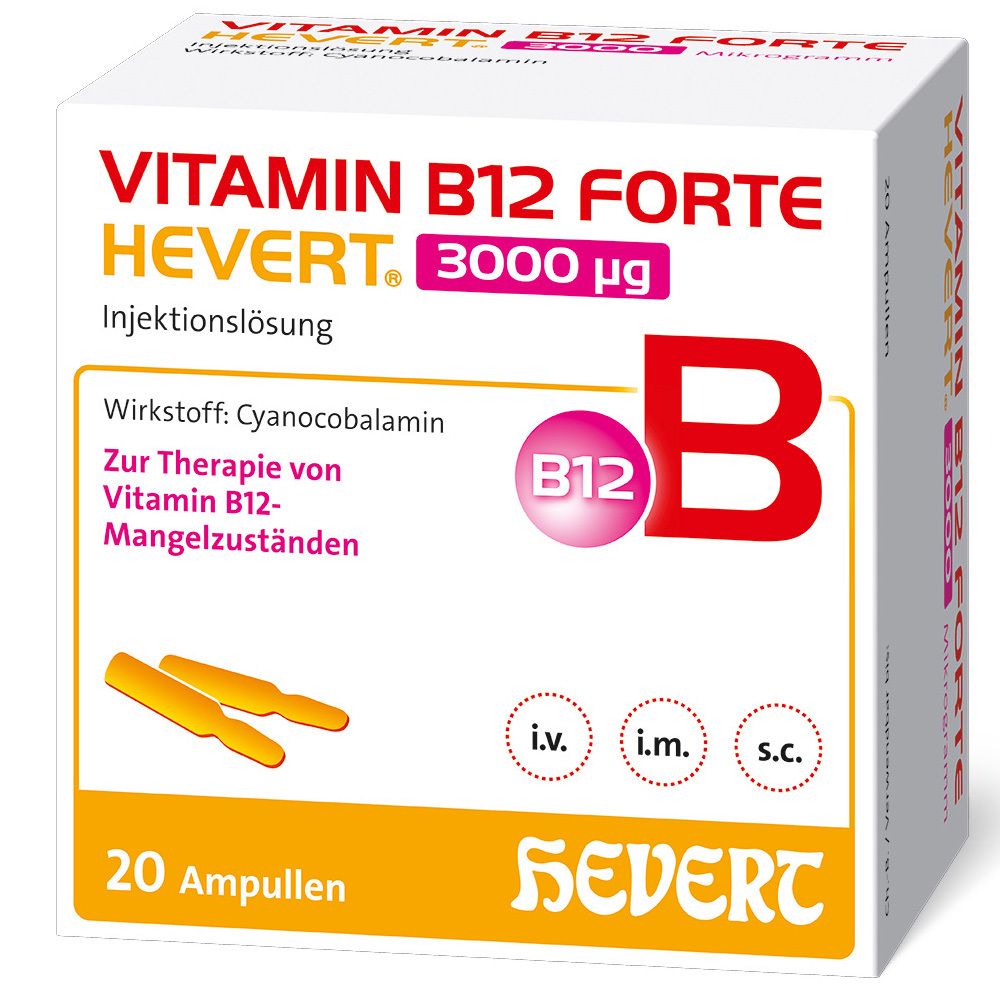 Verpackung von Vitamin B12 Forte HEVERT 3000 µg. Enthält 20 Ampullen. Aufschrift: Vitamin B12 Forte, HEVERT, 3000 µg, Injektionslösung.