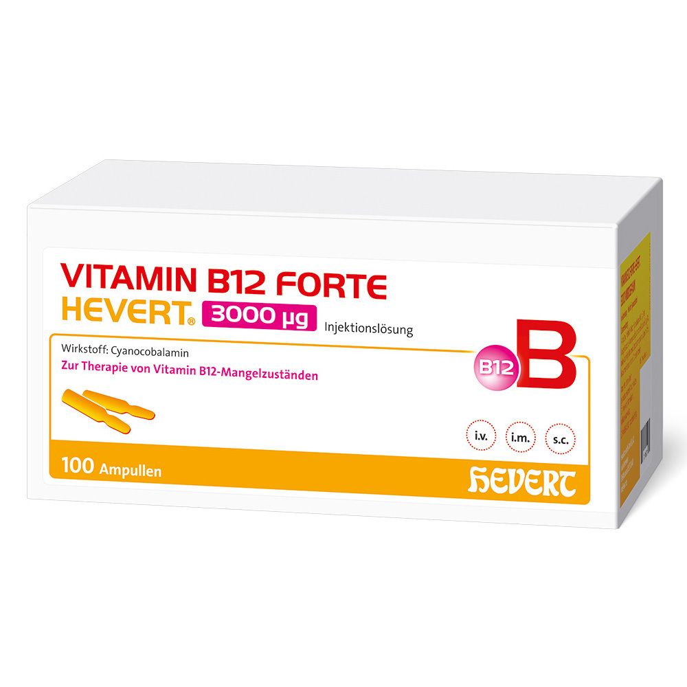 Weiße Verpackung mit roter und gelber Beschriftung. Enthält Vitamin B12 Forte HEVERT® 3000 µg. 100 Ampullen.