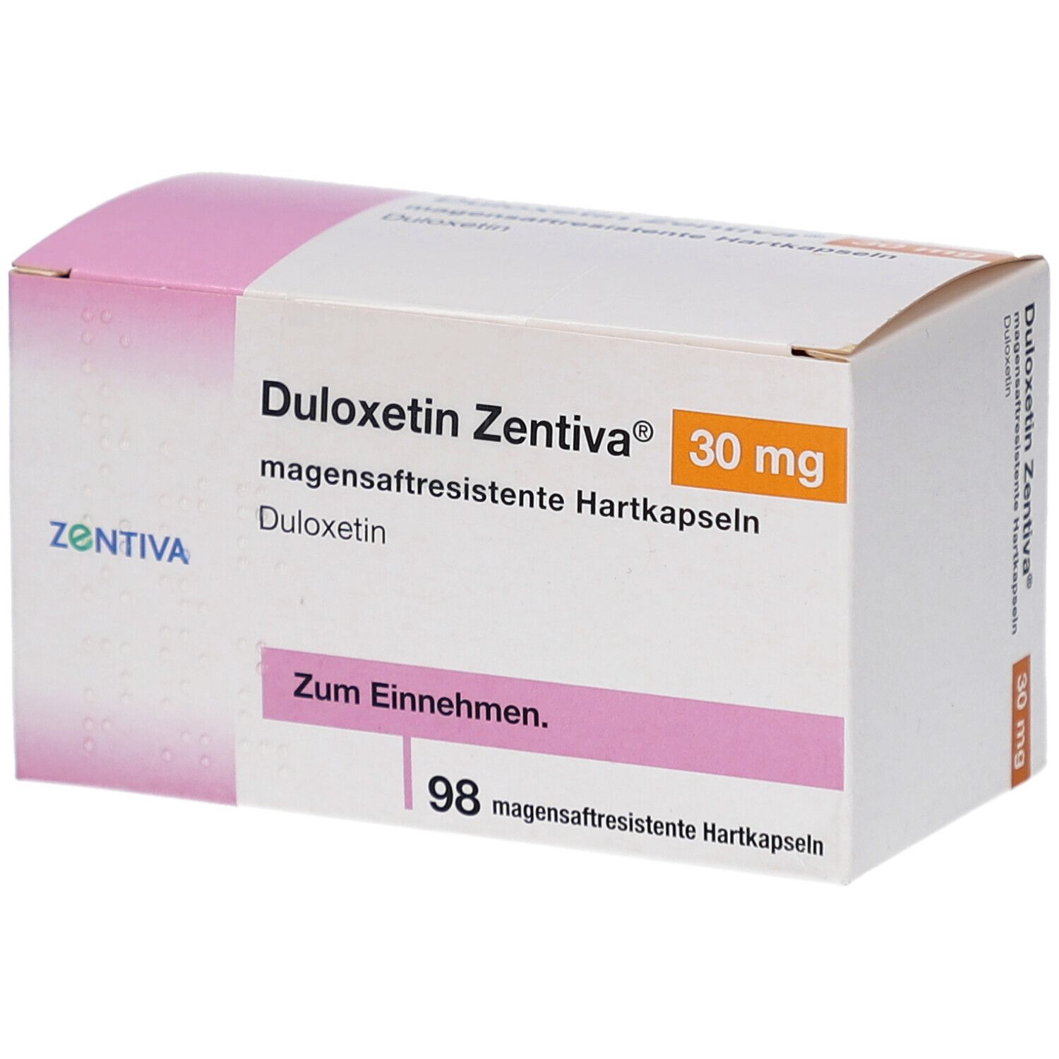Karton DULOXETIN Zentiva 30 mg, magensaftresistente Hartkapseln. Enthält 98 Kapseln. Marke Zentiva.