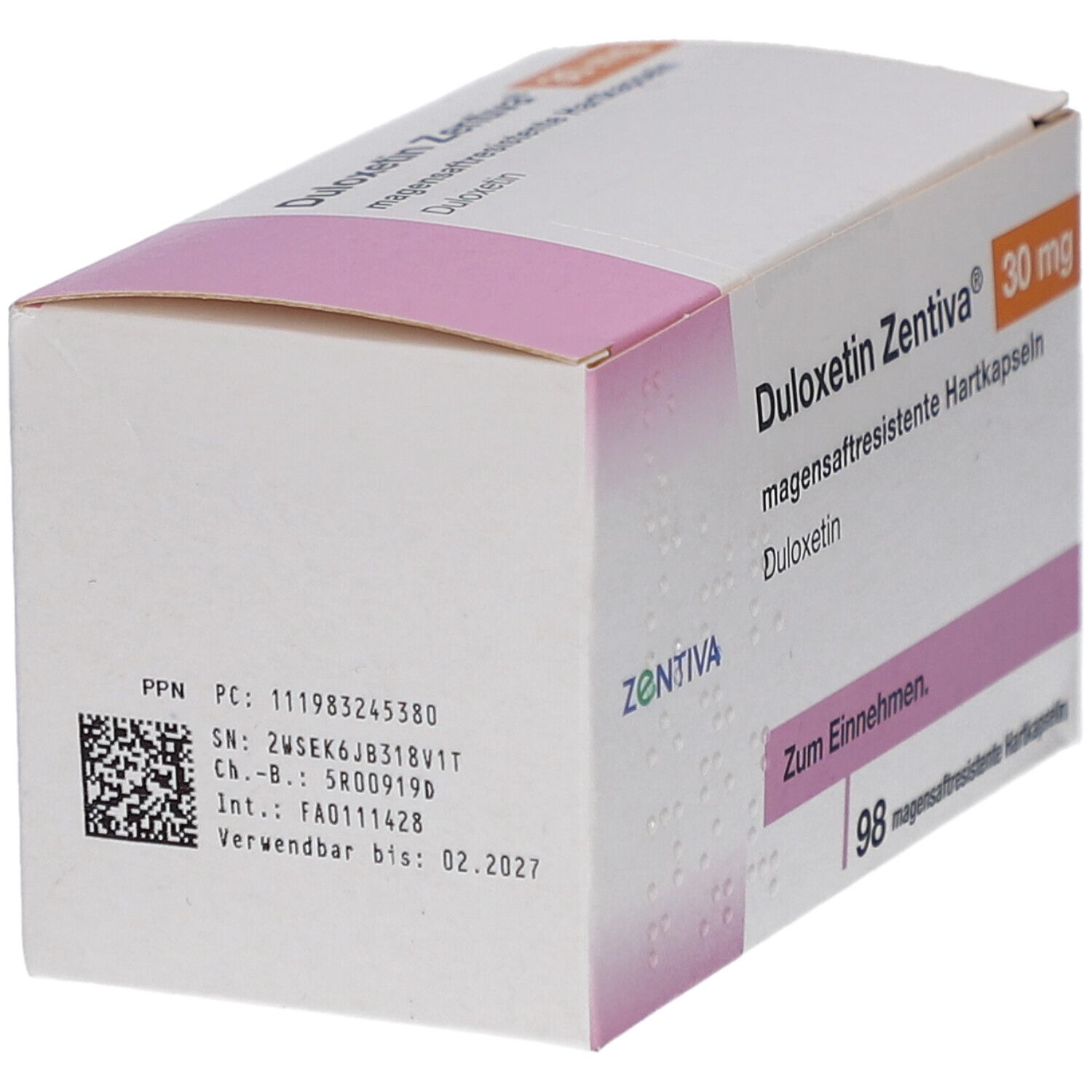 Karton DULOXETIN Zentiva. Rückseite mit Informationen, Barcode und Verfallsdatum: 02.2027. Marke Zentiva.