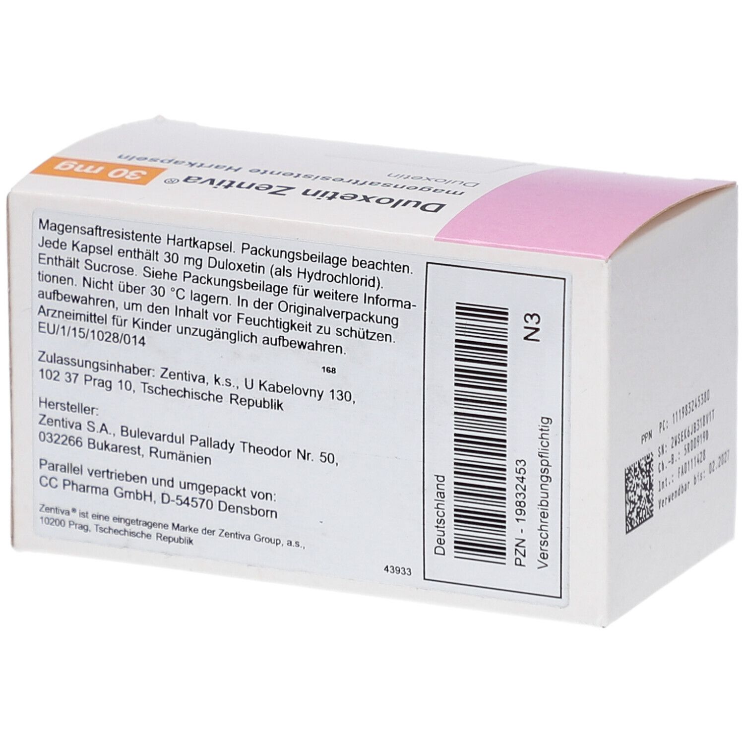 Karton DULOXETIN Zentiva. Rückseite mit Text, PZN-Nummer und Barcode. Hergestellt in Deutschland.