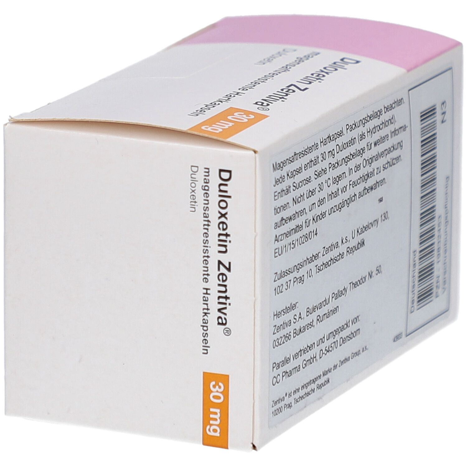 Karton DULOXETIN Zentiva 30 mg, magensaftresistente Hartkapseln. Marke Zentiva. Text und Dosierung.