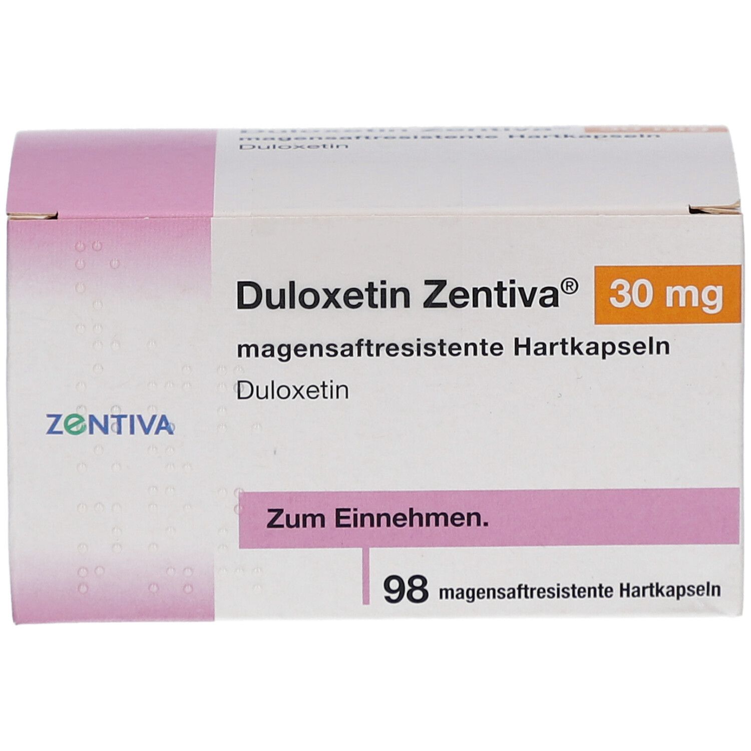 Karton DULOXETIN Zentiva 30 mg, magensaftresistente Hartkapseln. Enthält 98 Kapseln. Marke Zentiva.