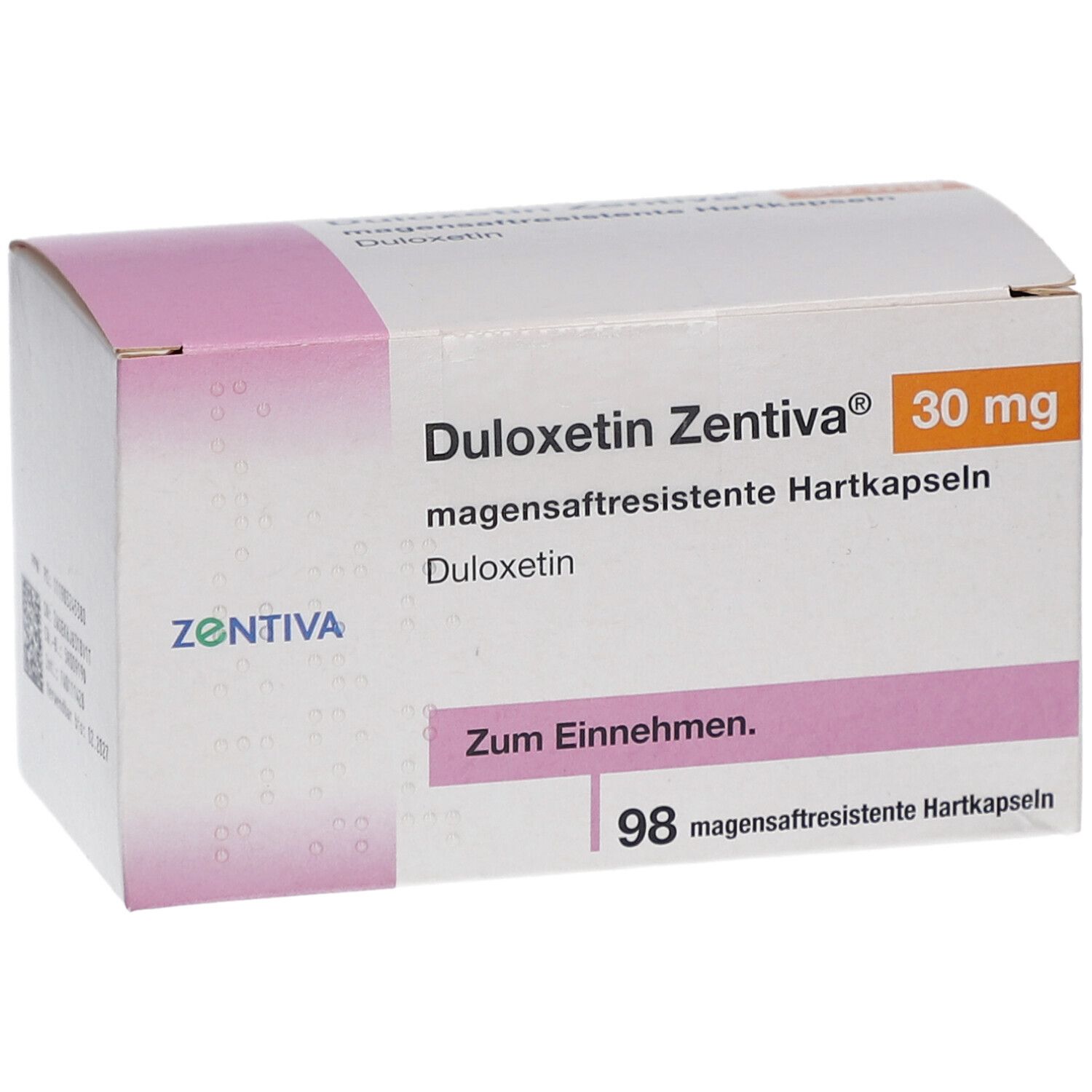 Karton DULOXETIN Zentiva 30 mg, magensaftresistente Hartkapseln. Enthält 98 Kapseln. Marke Zentiva.