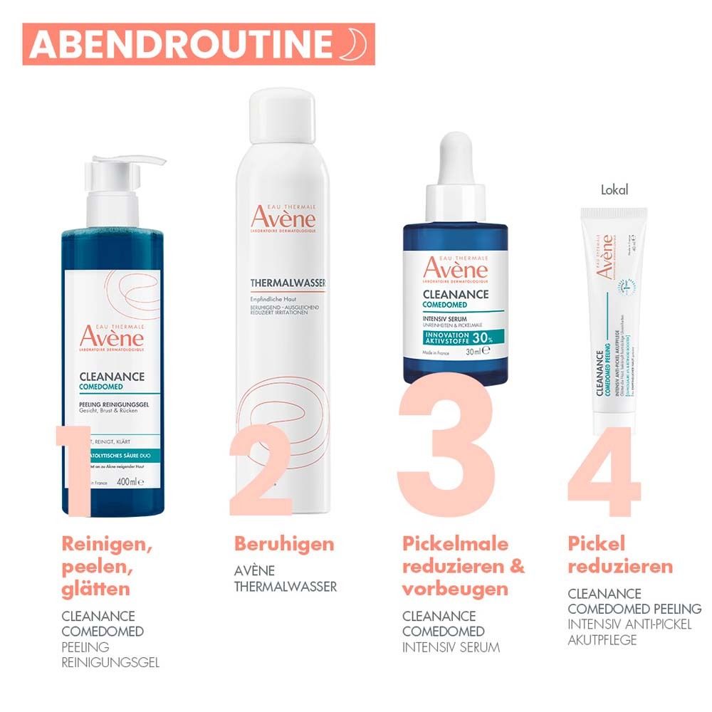 Abendroutine mit 4 Avène Produkten. Text: Reinigen, peelen, glätten. Pickel reduzieren.