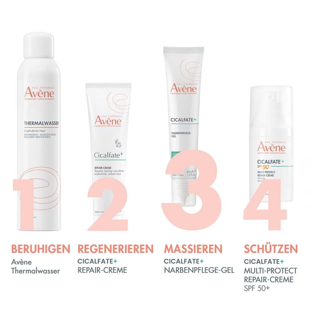Produktreihe: Thermalwasser, Repair-Creme, Narbenpflege-Gel, Multi-Protect Repair-Creme SPF 50+.