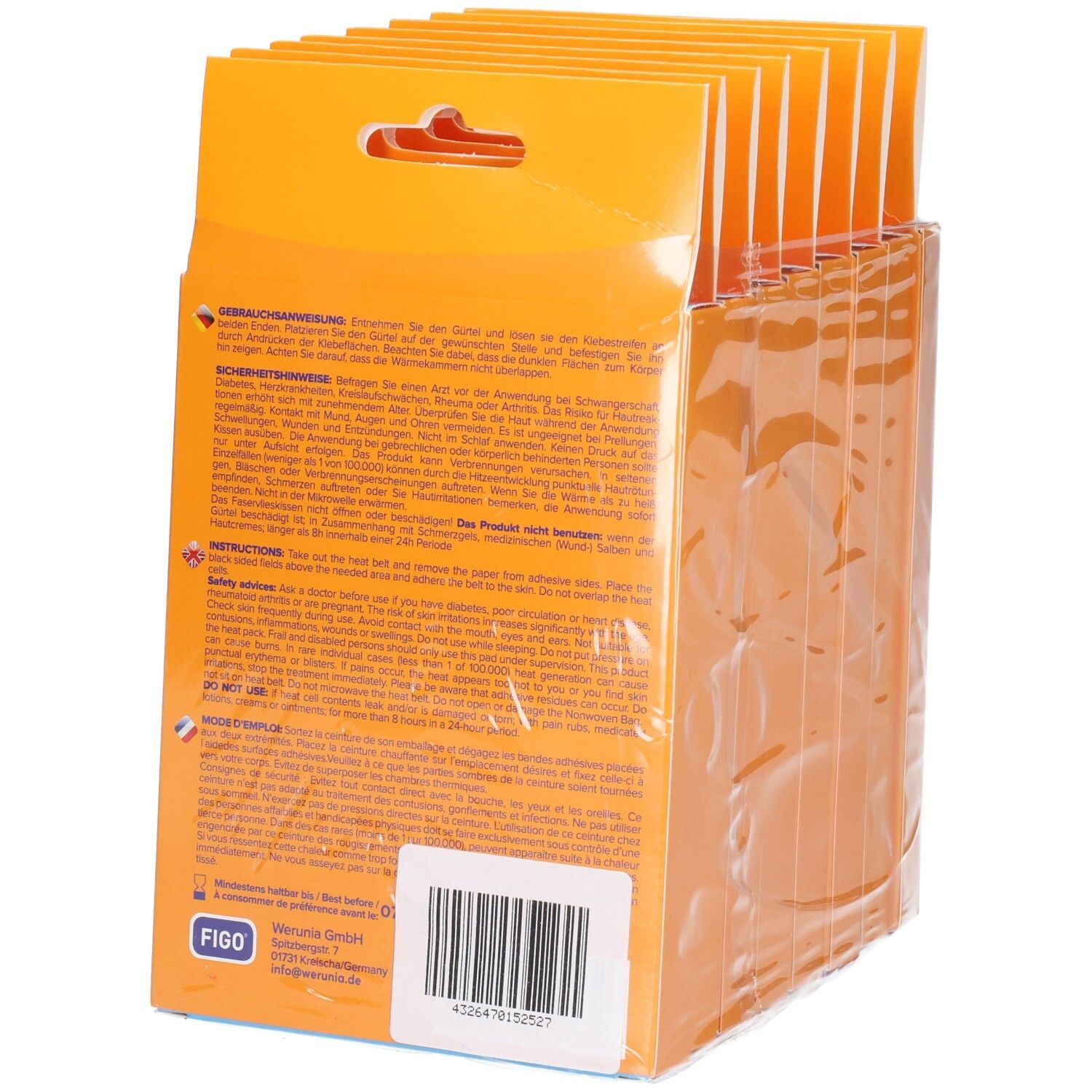 Mehrere FIGO Wärmegürtel Packungen in transparenter Folie. Die Rückseite der Packungen ist sichtbar.