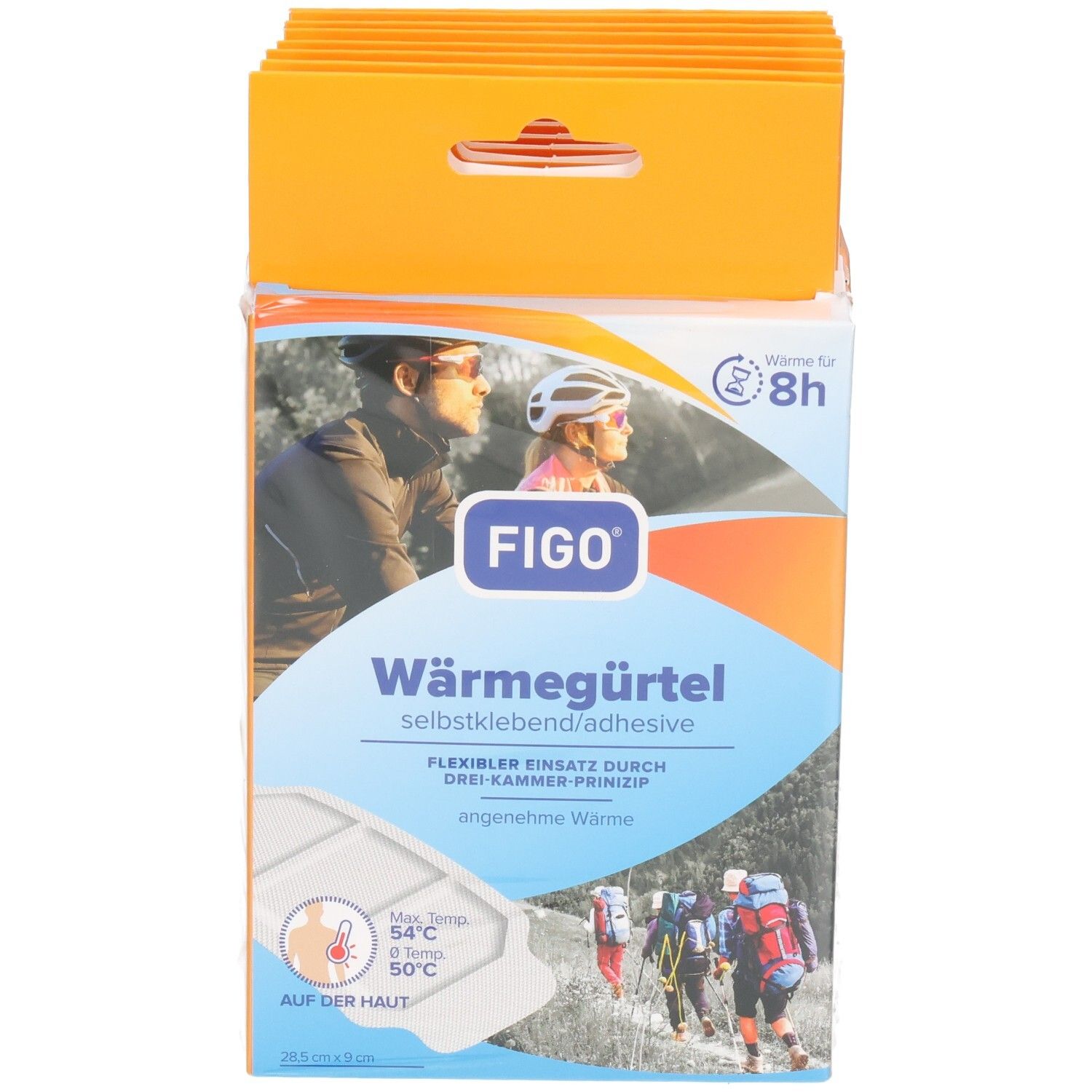 FIGO Wärmegürtel Verpackung. Vorderseite mit Produktabbildung und Text. Enthält Informationen zu Temperatur und Anwendung.