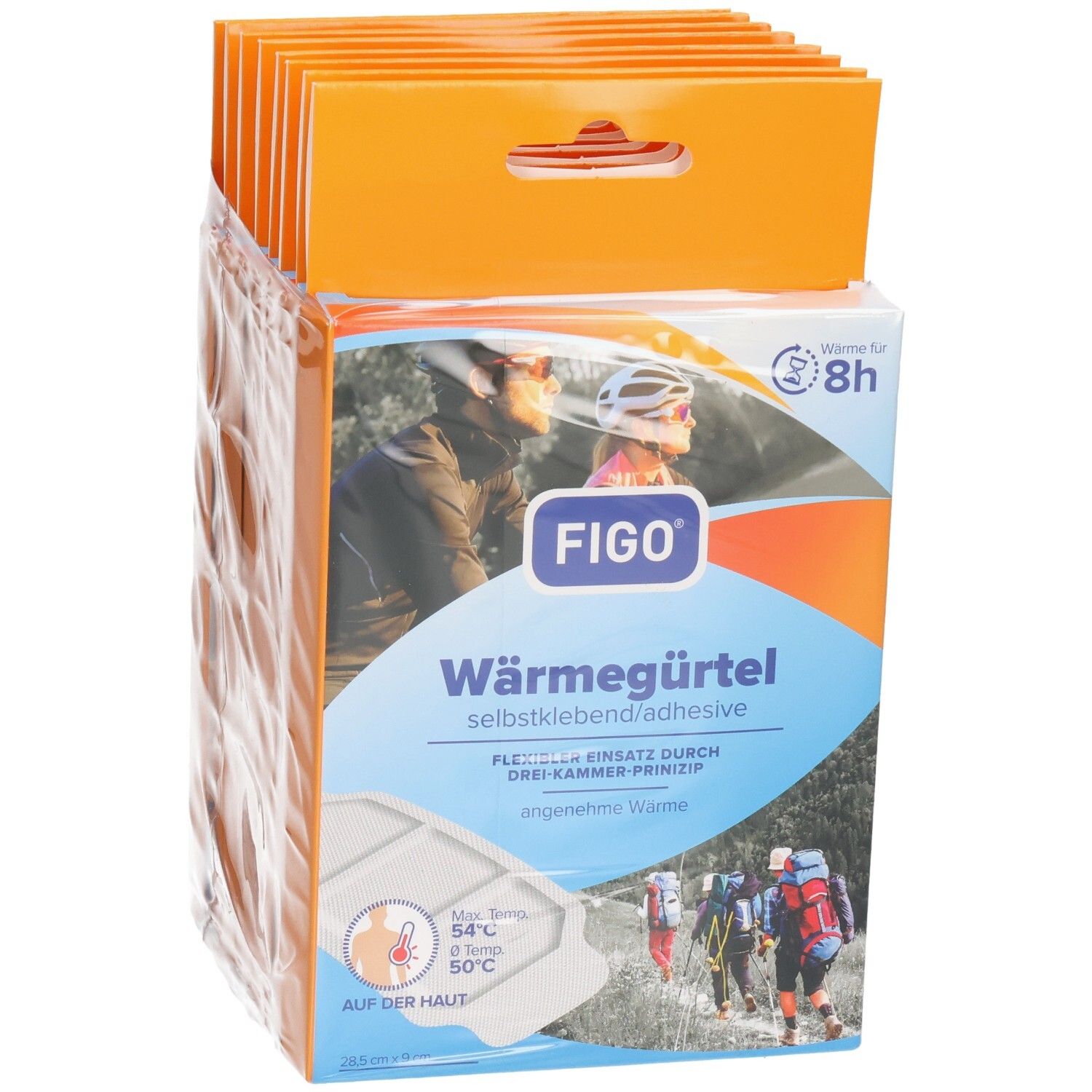 FIGO Wärmegürtel Packungen. Mehrere Packungen in einer Verpackung. Vorderseite mit Produktabbildung und Text.