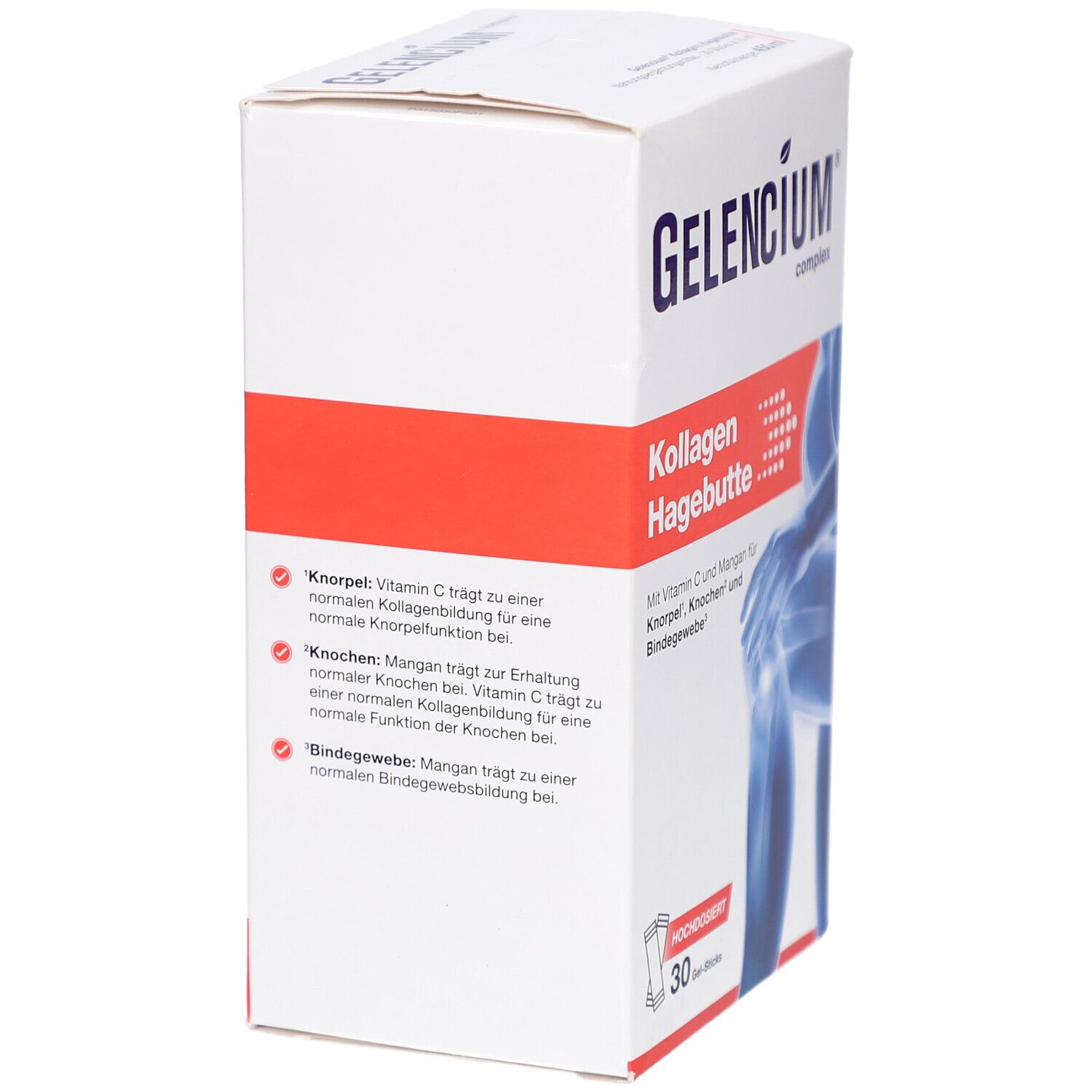 Weiße Schachtel mit "GELENCIUM" und "Kollagen Hagebutte". Text über Inhaltsstoffe und Nährwerte. 30 Gel-Sticks.