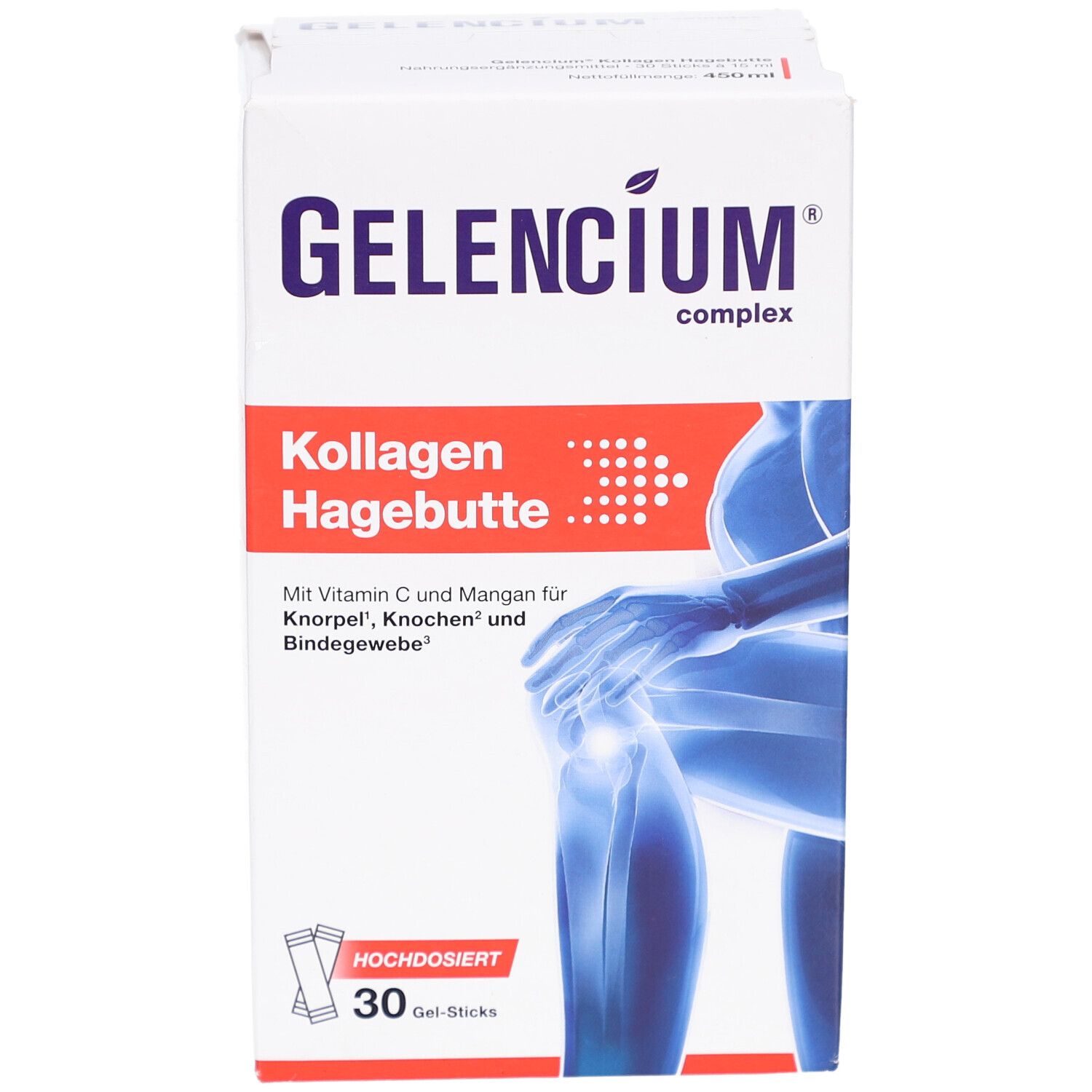 Weiße Schachtel mit "GELENCIUM" und "Kollagen Hagebutte". Enthält 30 Gel-Sticks. Abbildung eines Kniegelenks.
