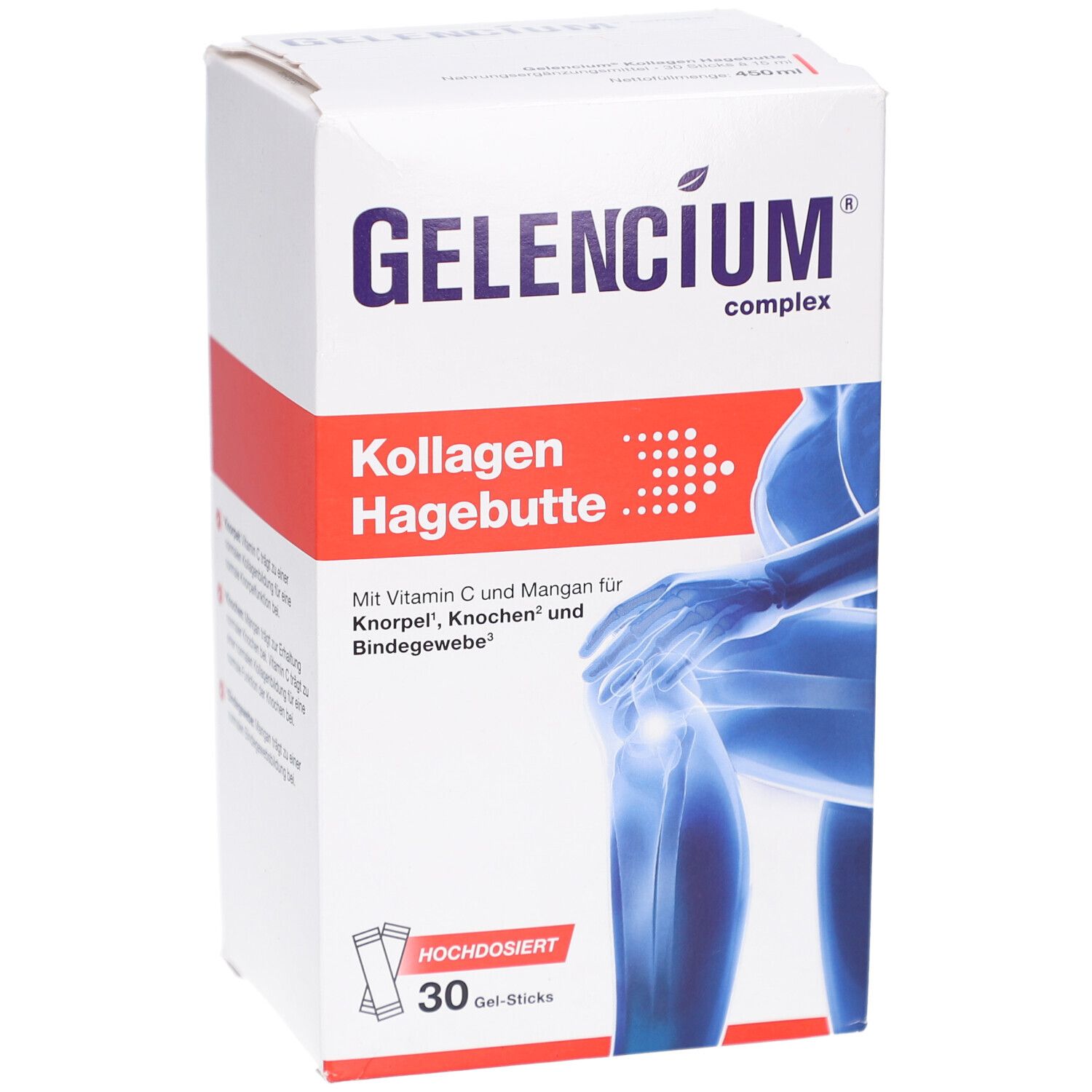 Weiße Schachtel mit "GELENCIUM" und "Kollagen Hagebutte". Enthält 30 Gel-Sticks. Abbildung eines Kniegelenks.