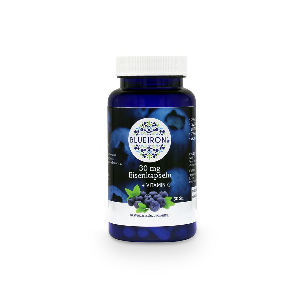 Blaue Flasche mit weißen Deckel. Aufschrift: Blueiron 30 mg Eisenkapseln + Vitamin C. 60 Stück.