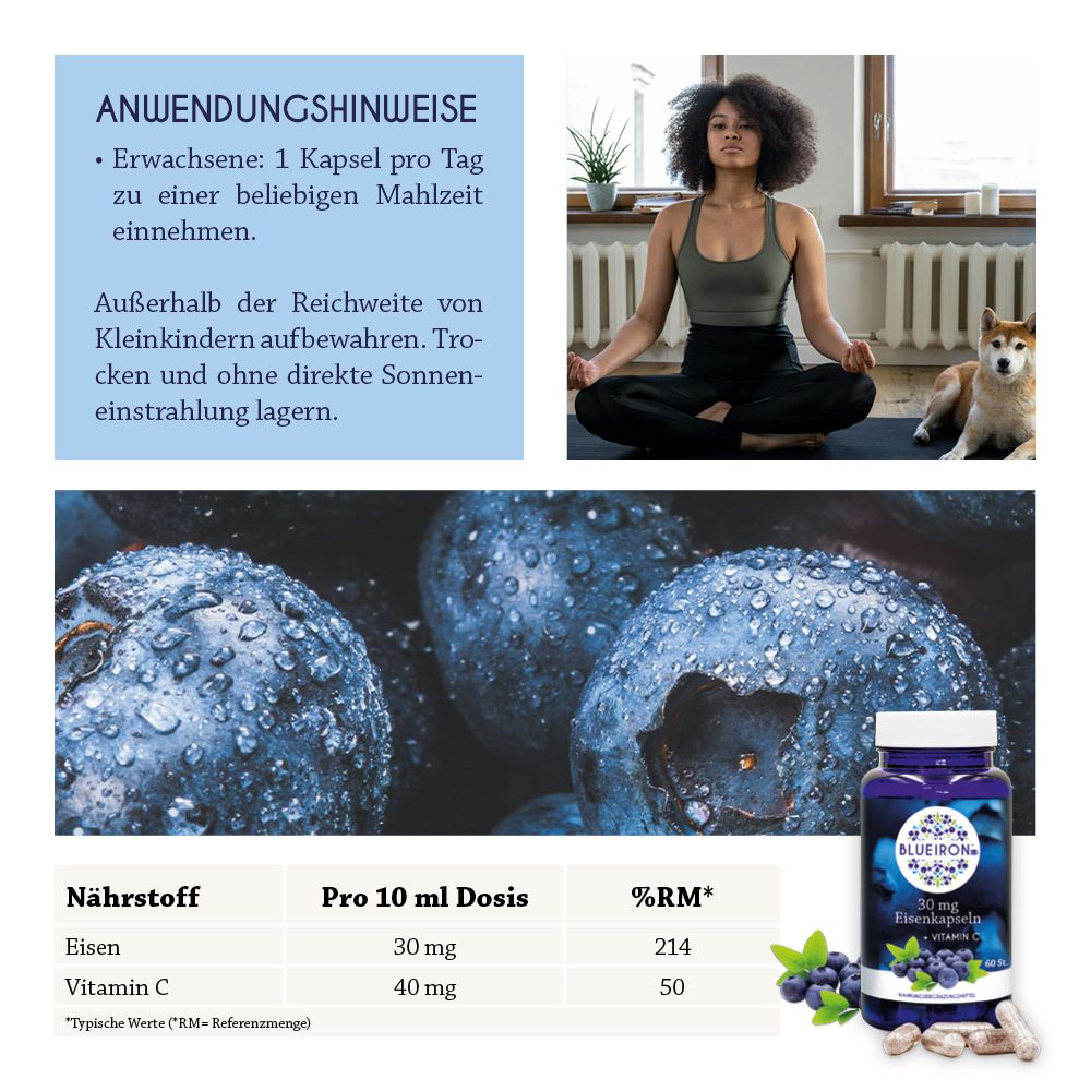 Frau in Yoga-Pose. Text: Anwendungshinweise: 1 Kapsel pro Tag. Nährstofftabelle: Eisen 30 mg, Vitamin C 40 mg.