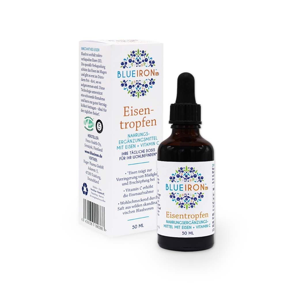 Braune Flasche mit Tropfer. Aufschrift: Blueiron Eisentropfen + Vitamin C. 50 ml Flasche und Verpackung.