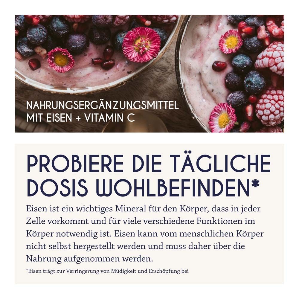 Texttafel mit Text: Eisenmangel? Mögliche Symptome: Müdigkeit, Konzentrationsschwäche, brüchige Nägel. Blueiron hilft.
