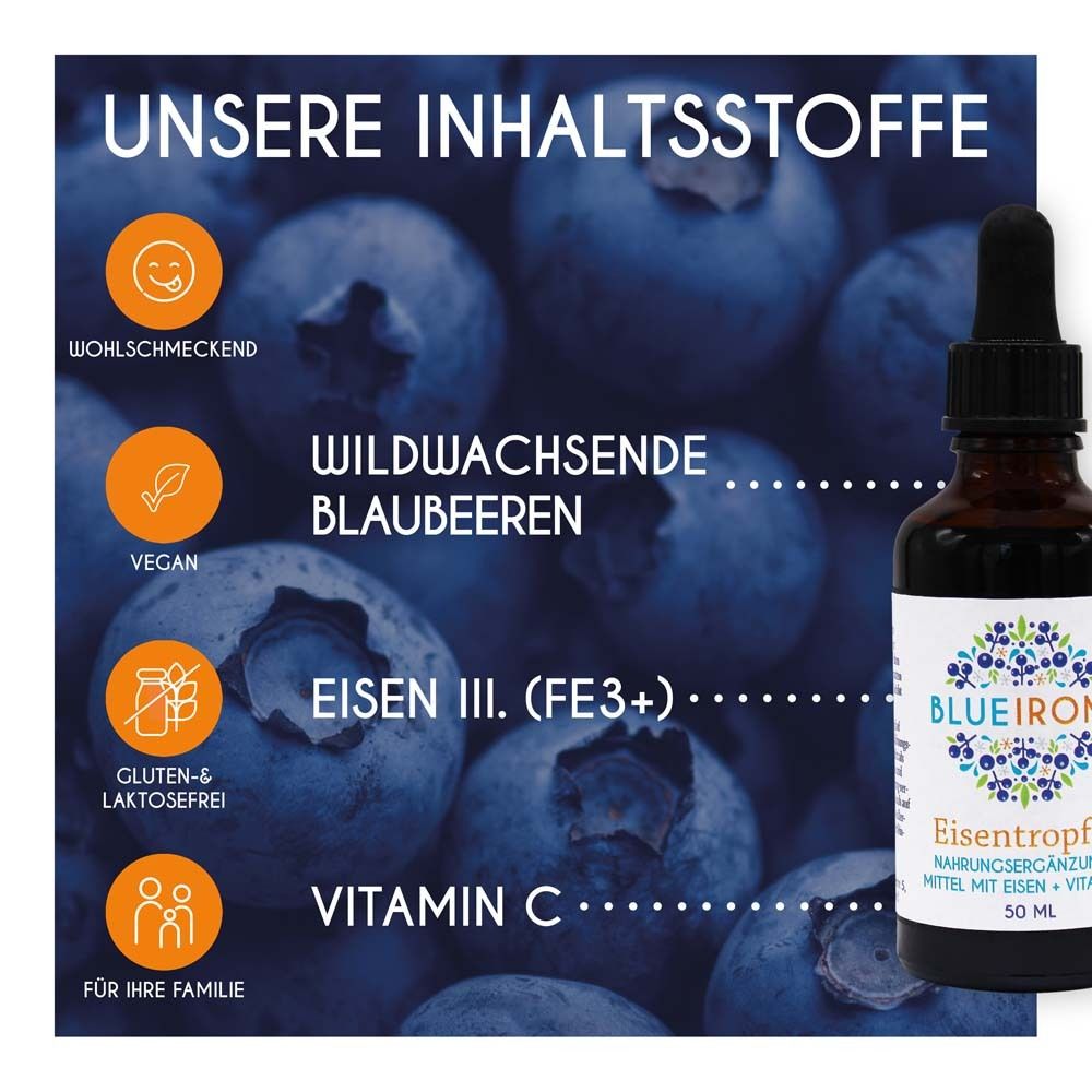 Blaubeeren-Hintergrund mit Text: Unsere Inhaltsstoffe. Vegan, glutenfrei, laktosefrei. Eisen III, Vitamin C. Blueiron.