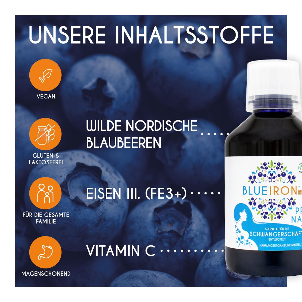Blaue Blaubeeren. Text: Vegane Inhaltsstoffe, gluten- und laktosefrei, Eisen III, Vitamin C.